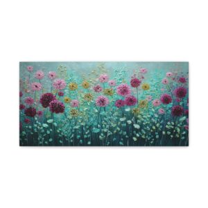 Floral Meadow Canvas Wall Art — Pink & Teal Textured Blooms, Stretched Matte Canvas
