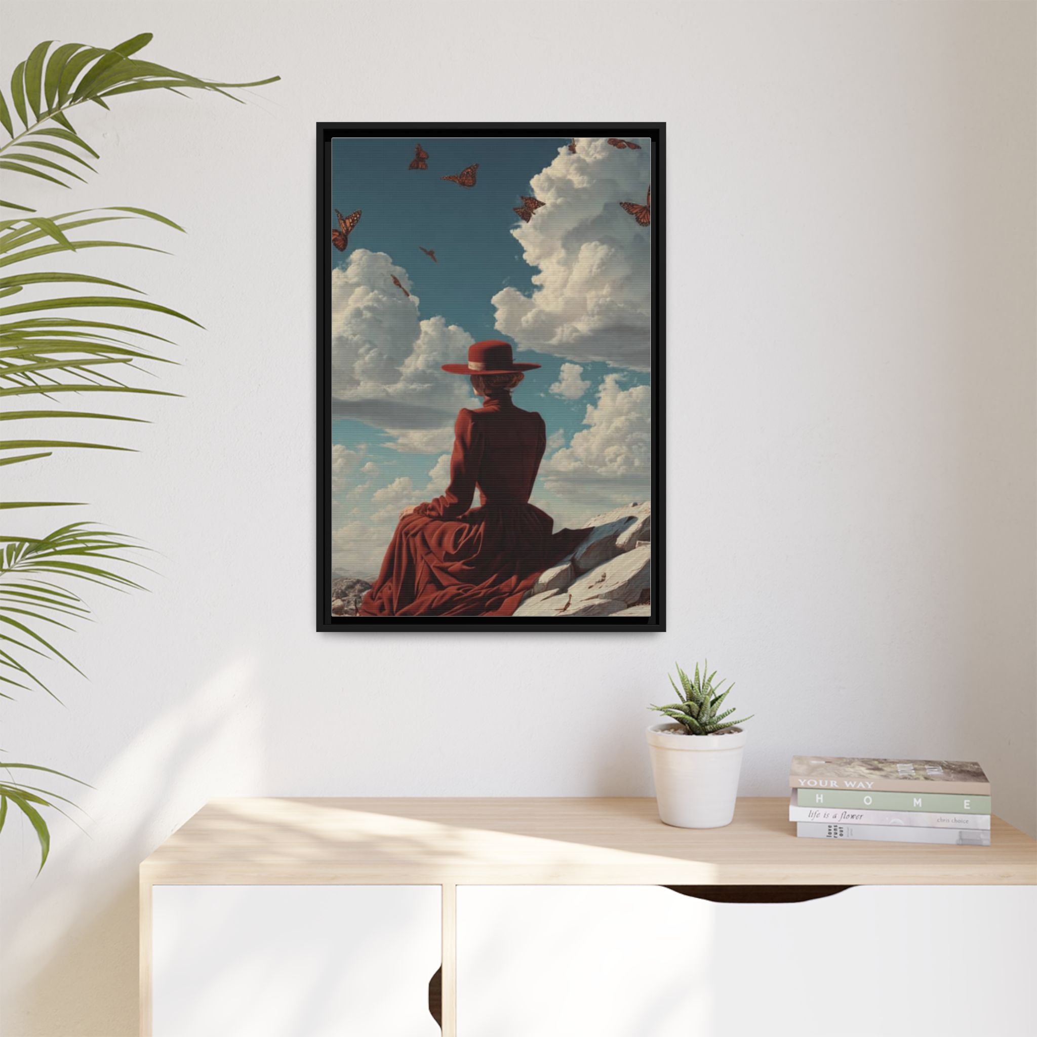 Framed Matte Canvas: Woman in Red Dress Sunset Sky Wall Art - Image 147