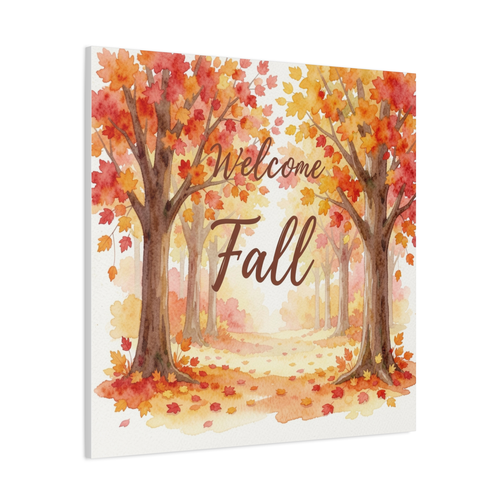 Welcome Fall Canvas Wall Art - Autumn Trees Watercolor Stretched Matte Canvas - Image 6