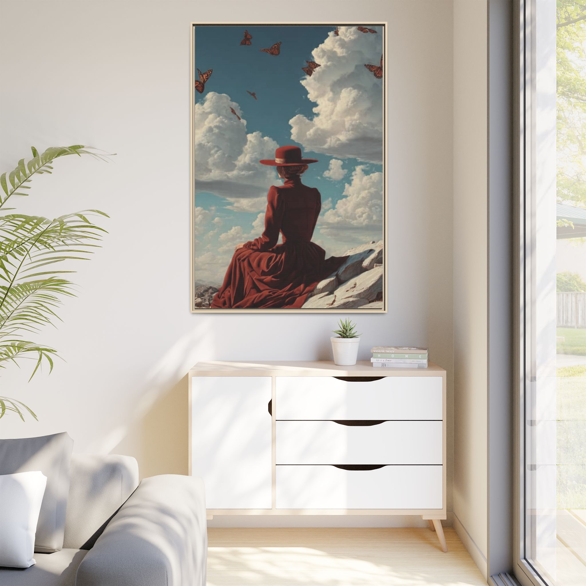 Framed Matte Canvas: Woman in Red Dress Sunset Sky Wall Art - Image 79