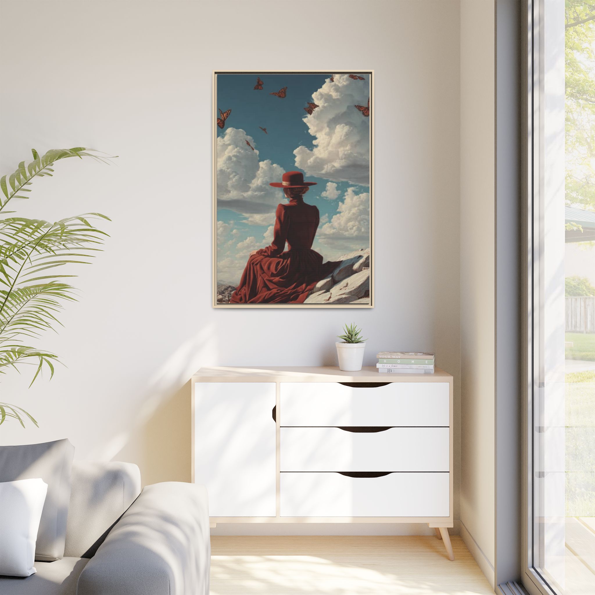 Framed Matte Canvas: Woman in Red Dress Sunset Sky Wall Art - Image 123