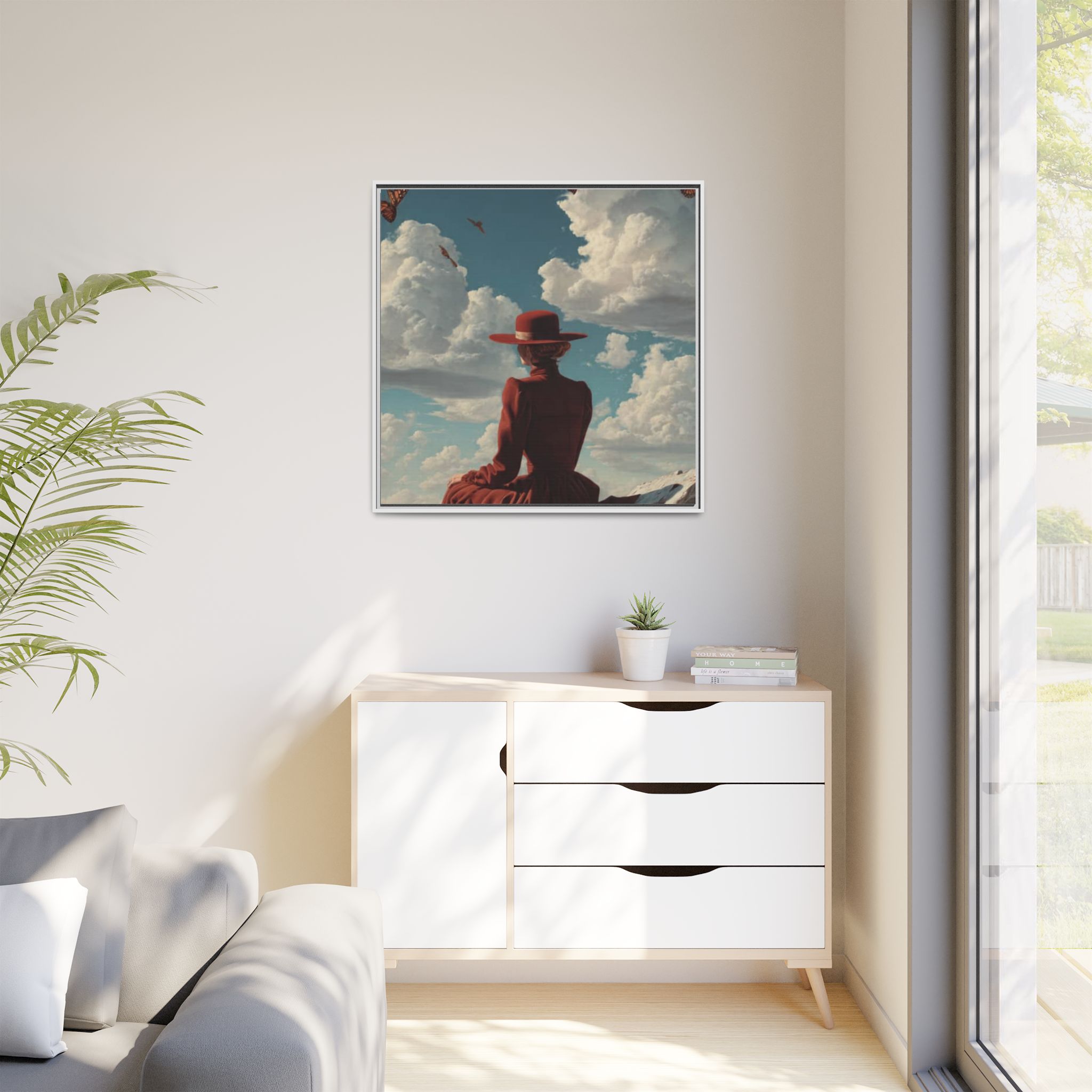 Framed Matte Canvas: Woman in Red Dress Sunset Sky Wall Art - Image 195