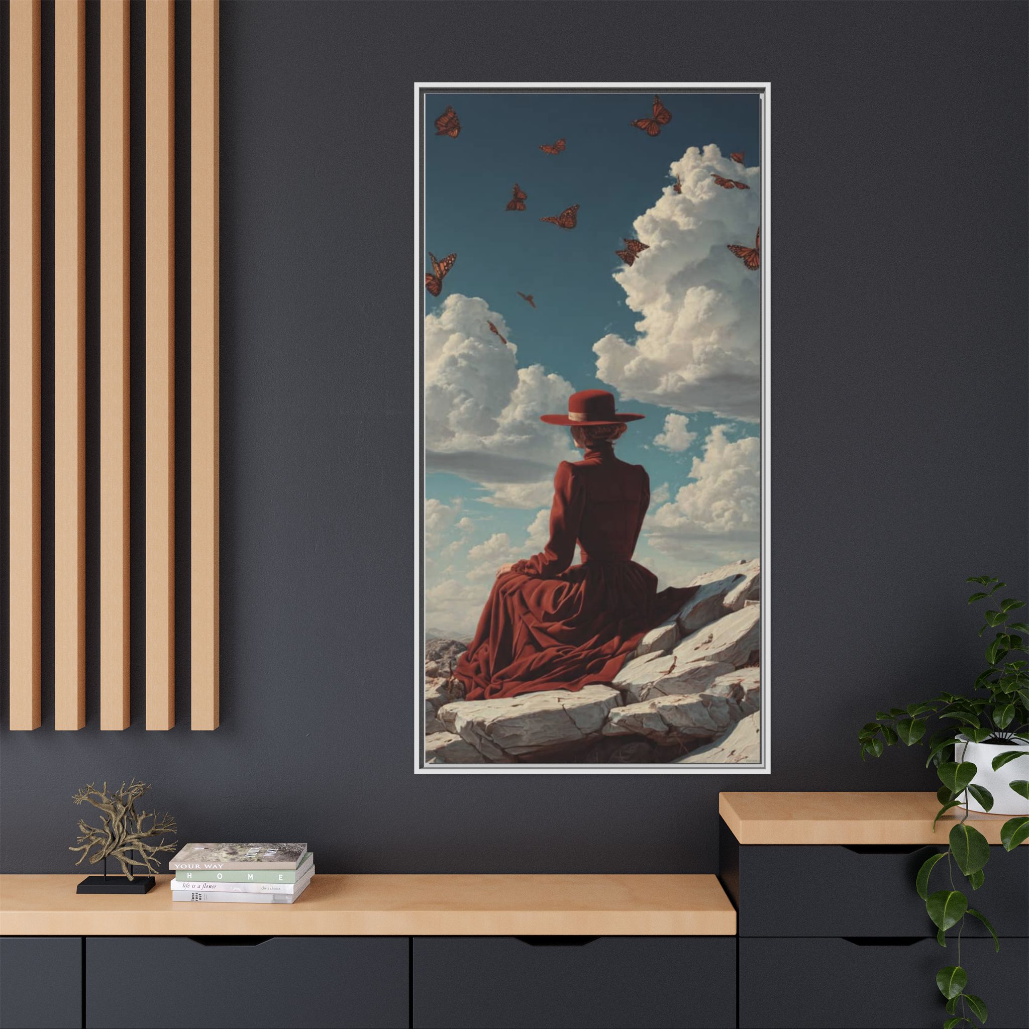Framed Matte Canvas: Woman in Red Dress Sunset Sky Wall Art - Image 56