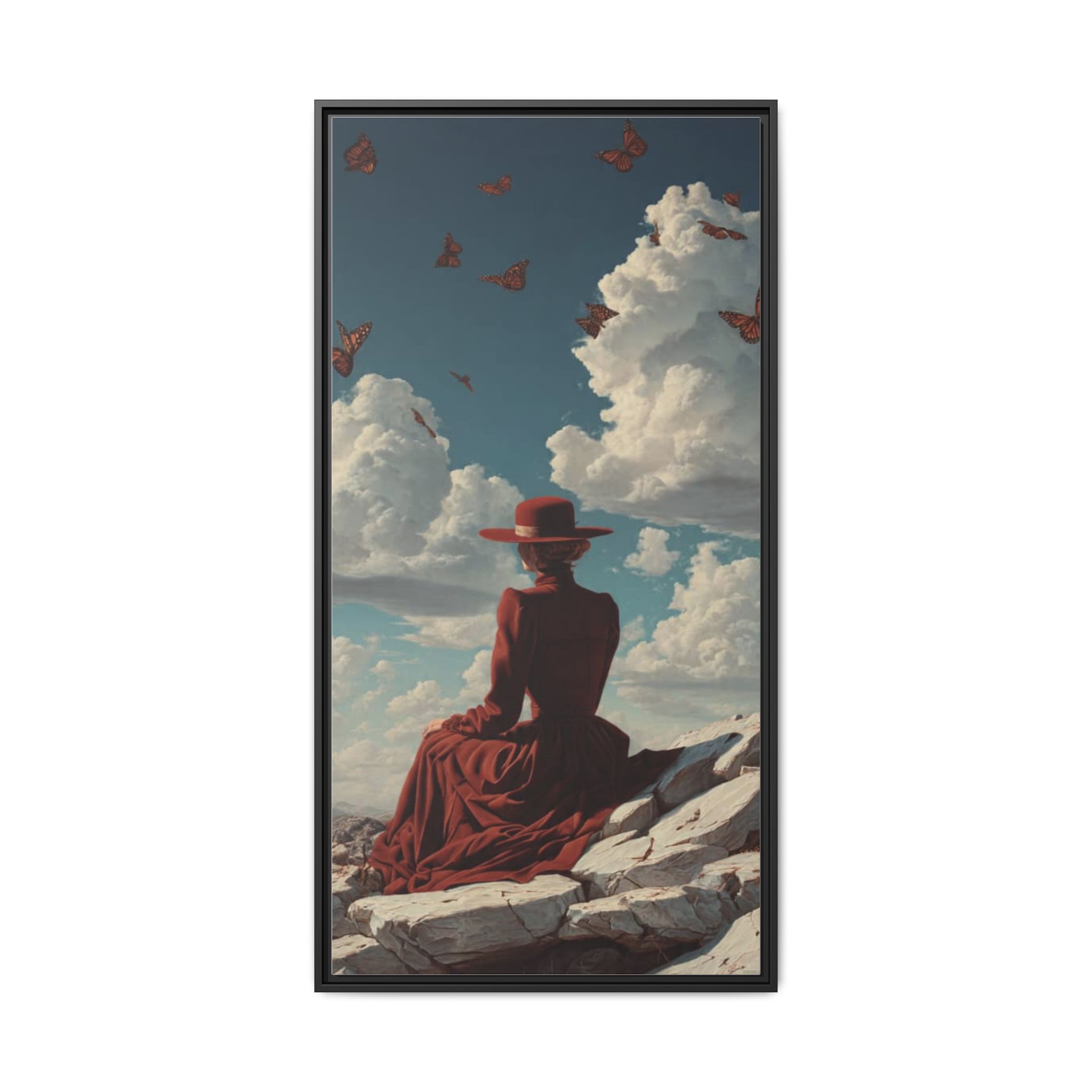 Framed Matte Canvas: Woman in Red Dress Sunset Sky Wall Art - Image 5