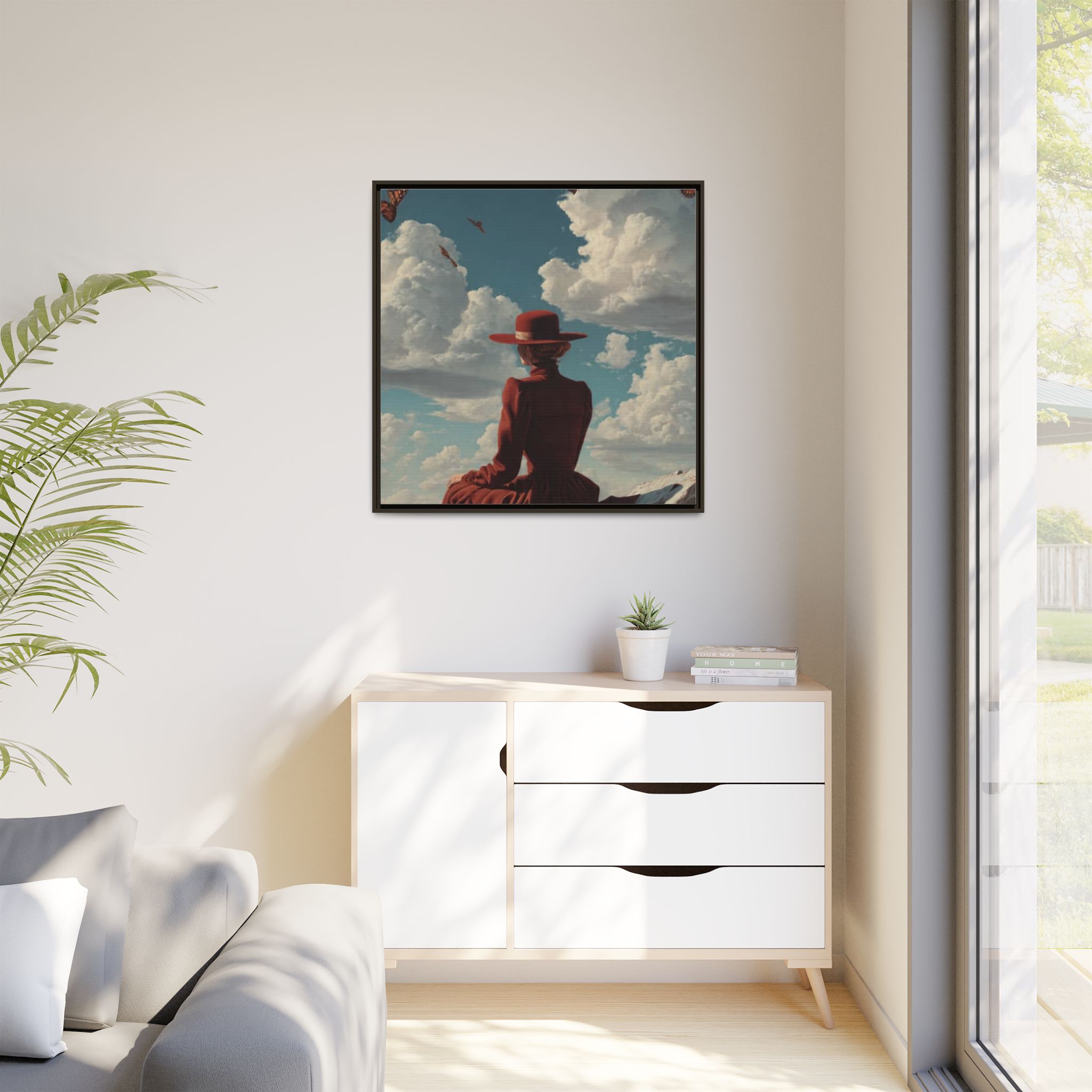 Framed Matte Canvas: Woman in Red Dress Sunset Sky Wall Art - Image 207