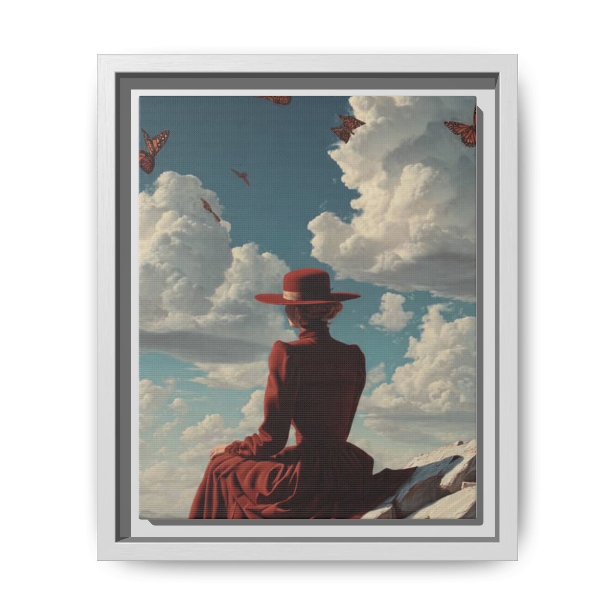 Framed Matte Canvas: Woman in Red Dress Sunset Sky Wall Art - Image 169