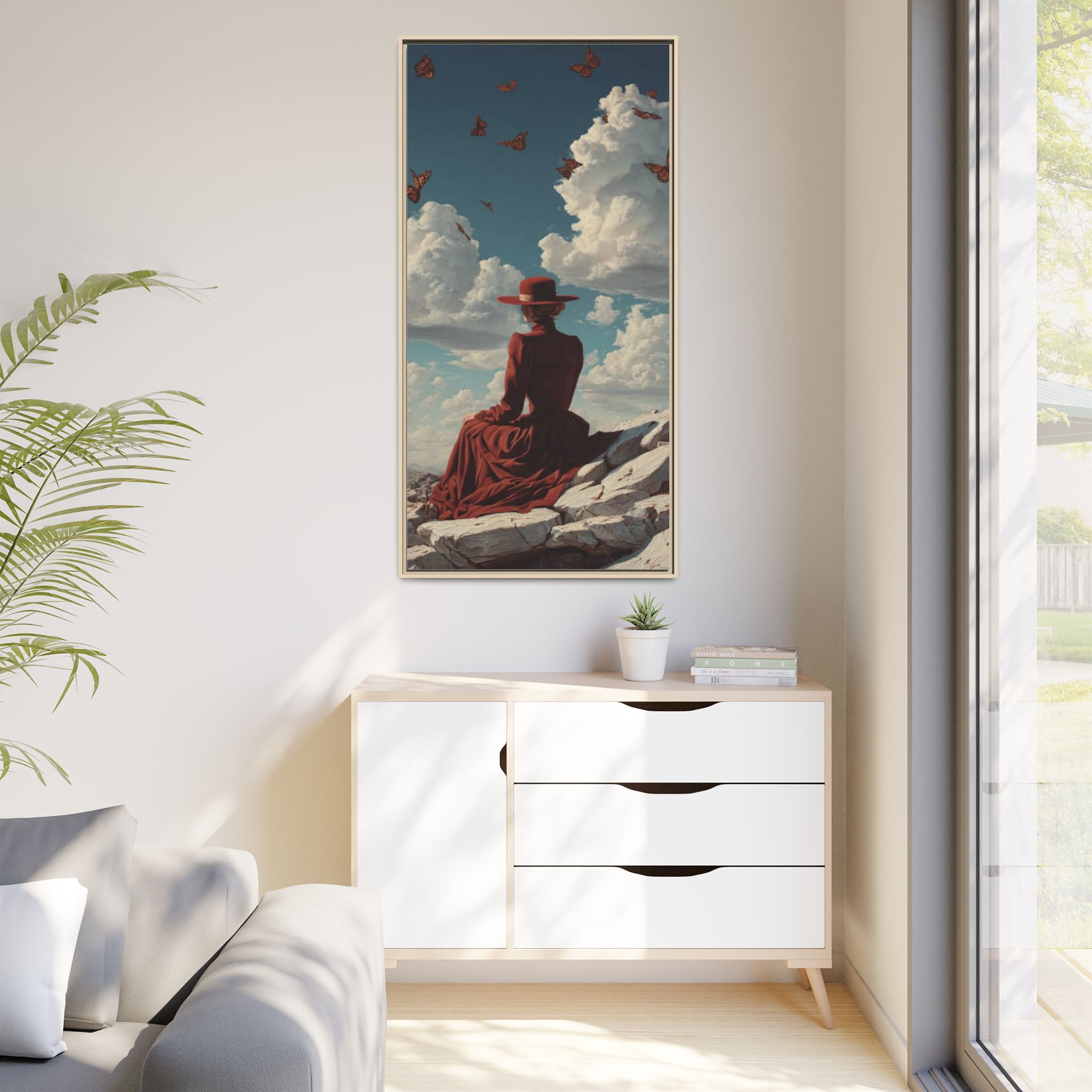 Framed Matte Canvas: Woman in Red Dress Sunset Sky Wall Art - Image 63
