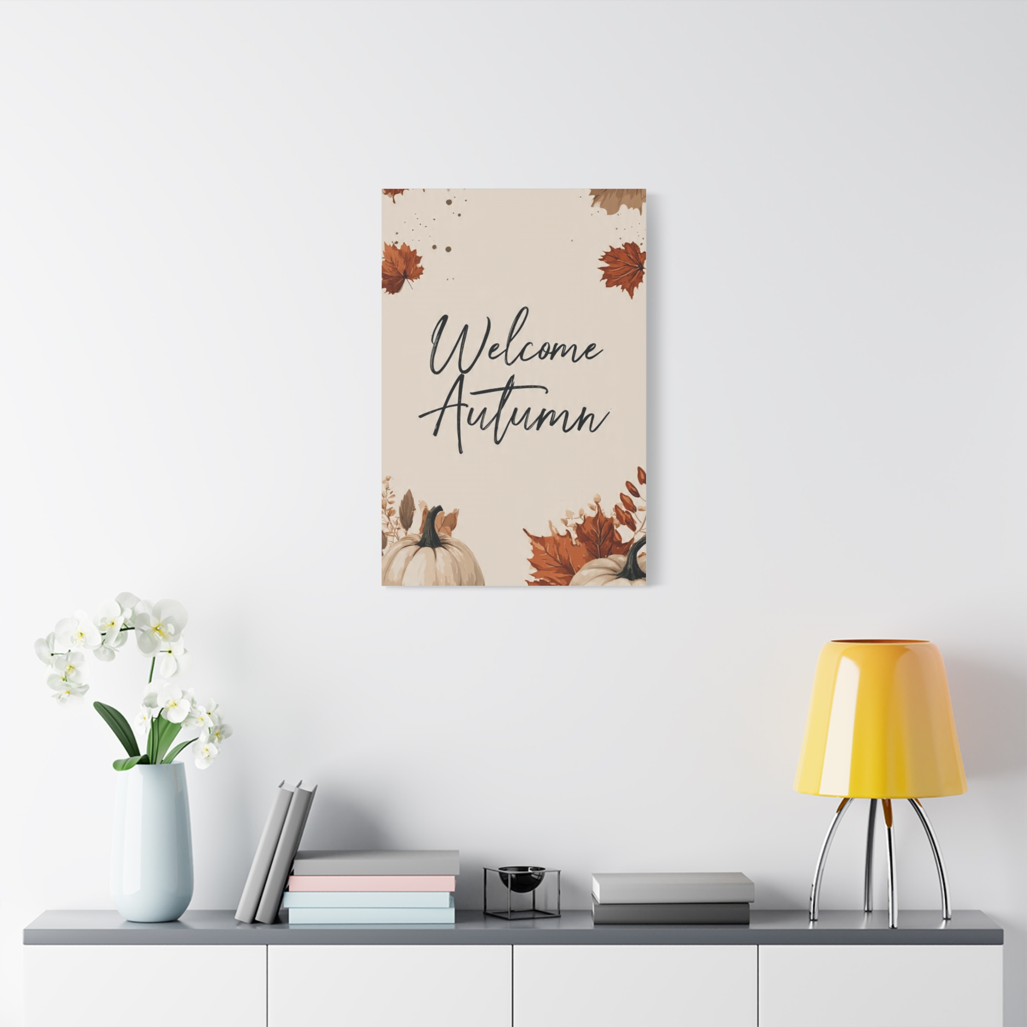 Welcome Autumn Canvas Wall Art — Fall Leaves Pumpkin Neutral Seasonal Decor - Image 2
