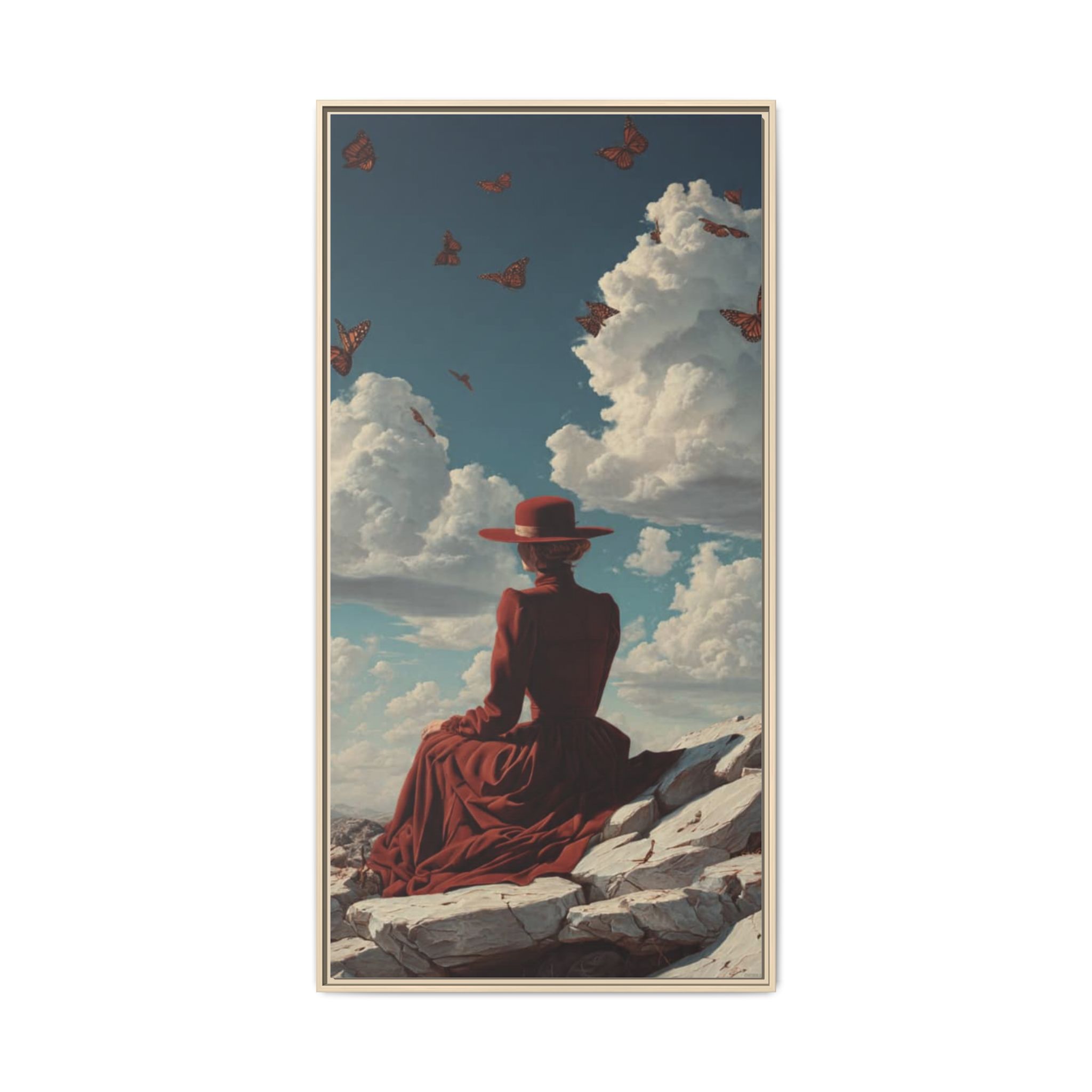 Framed Matte Canvas: Woman in Red Dress Sunset Sky Wall Art - Image 61