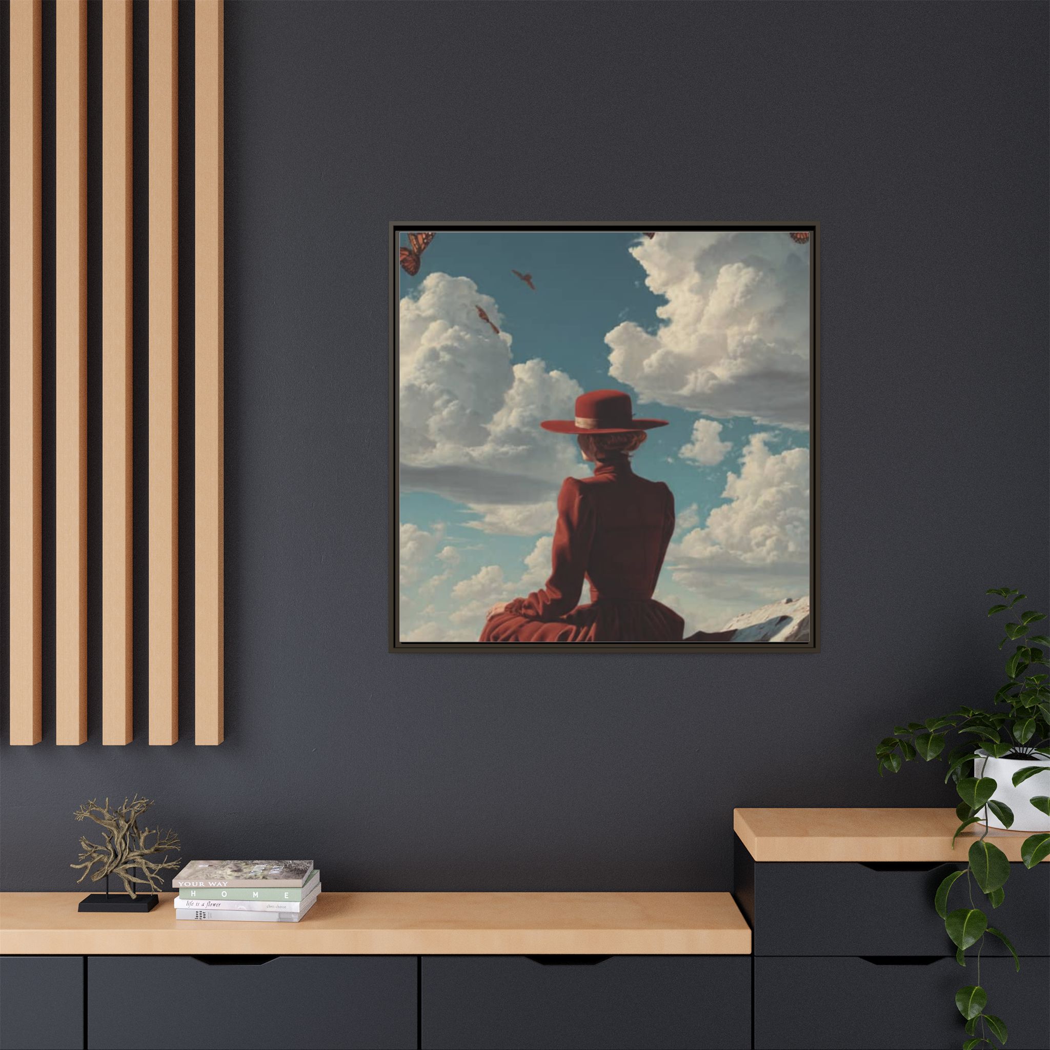 Framed Matte Canvas: Woman in Red Dress Sunset Sky Wall Art - Image 208