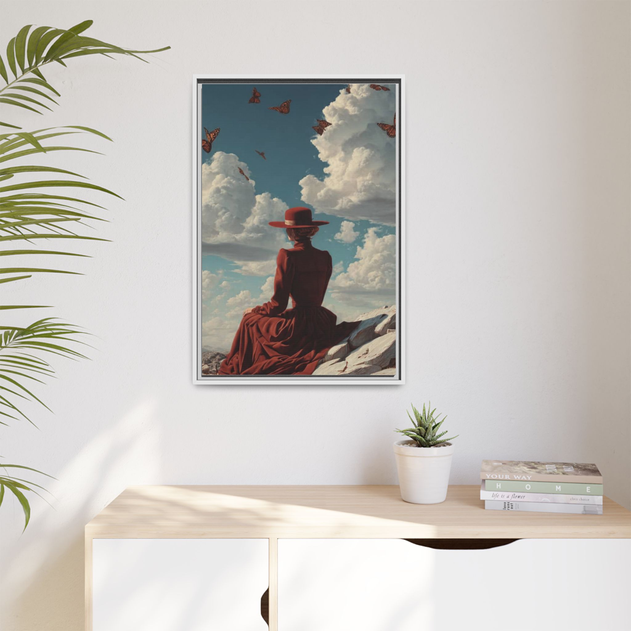 Framed Matte Canvas: Woman in Red Dress Sunset Sky Wall Art - Image 155