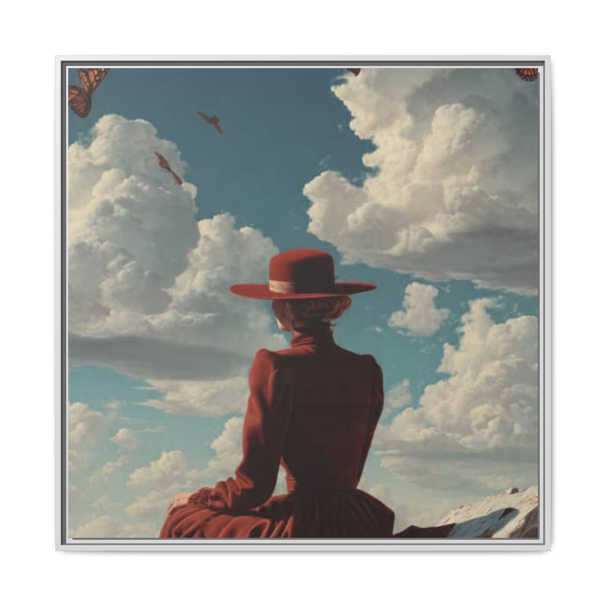 Framed Matte Canvas: Woman in Red Dress Sunset Sky Wall Art - Image 193