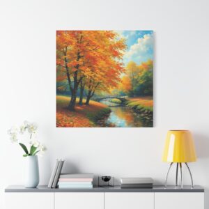 Autumn River Bridge Canvas Print — Stretched Matte Wall Art