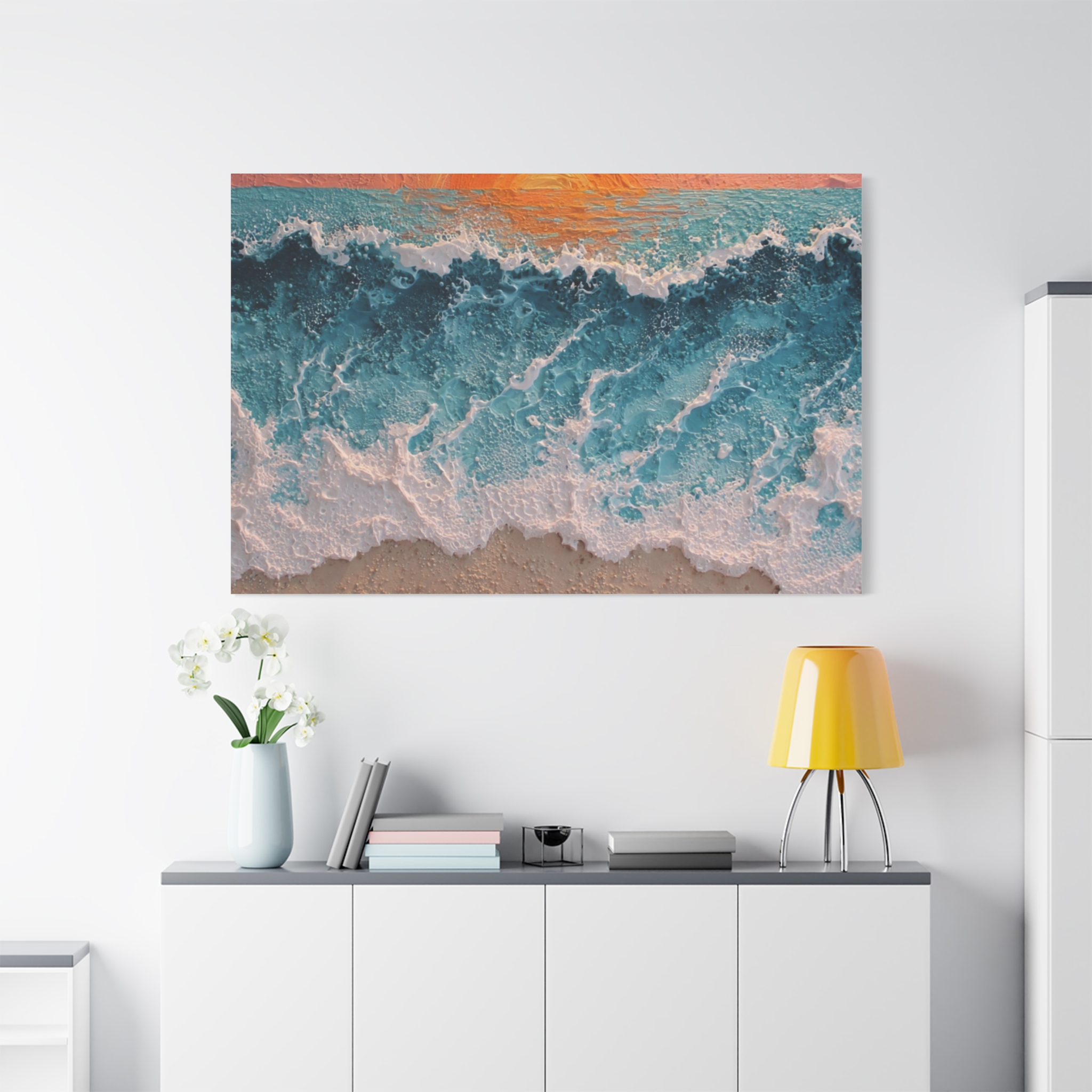 Seaside Sunset Canvas Print — Textured Ocean Waves Wall Art