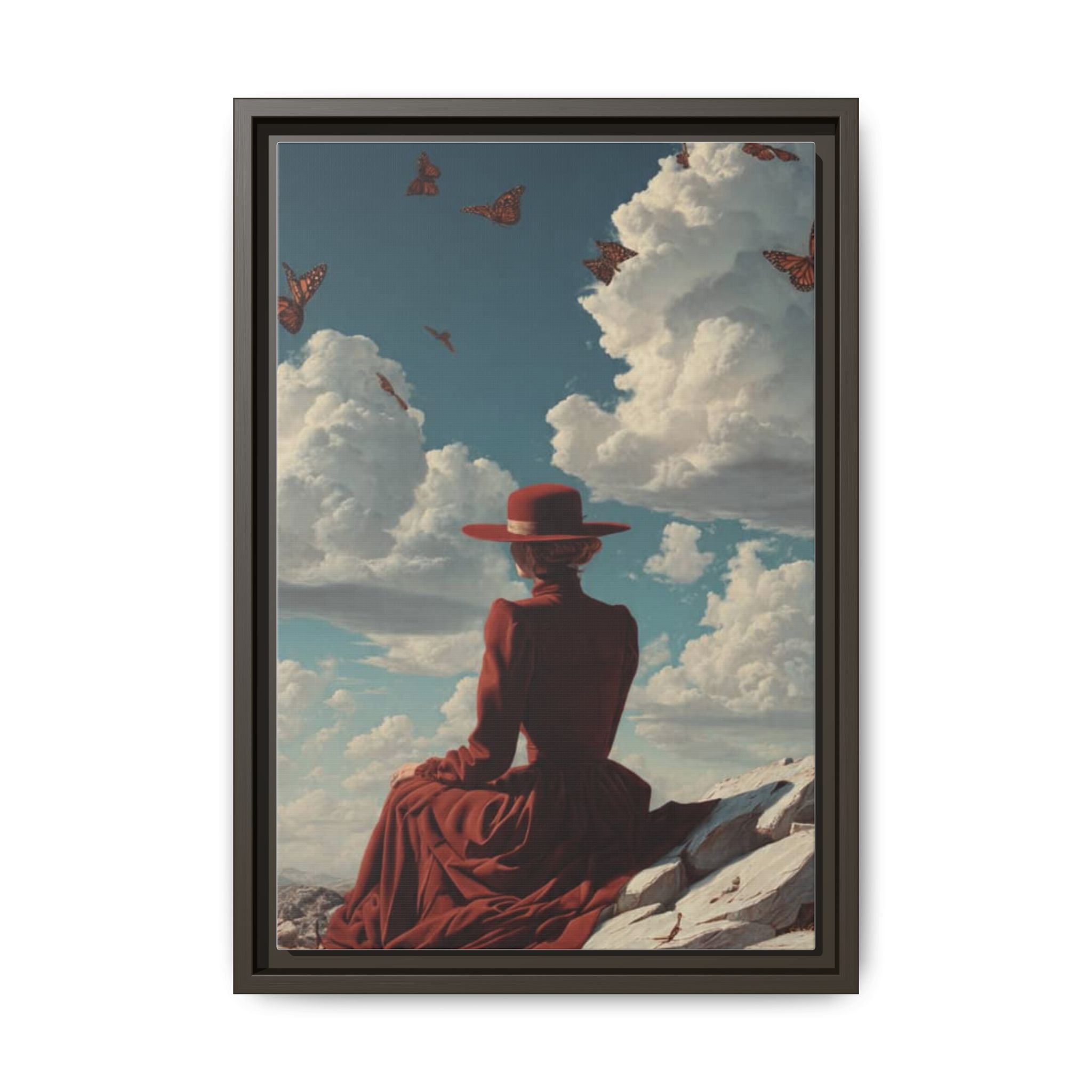 Framed Matte Canvas: Woman in Red Dress Sunset Sky Wall Art - Image 129