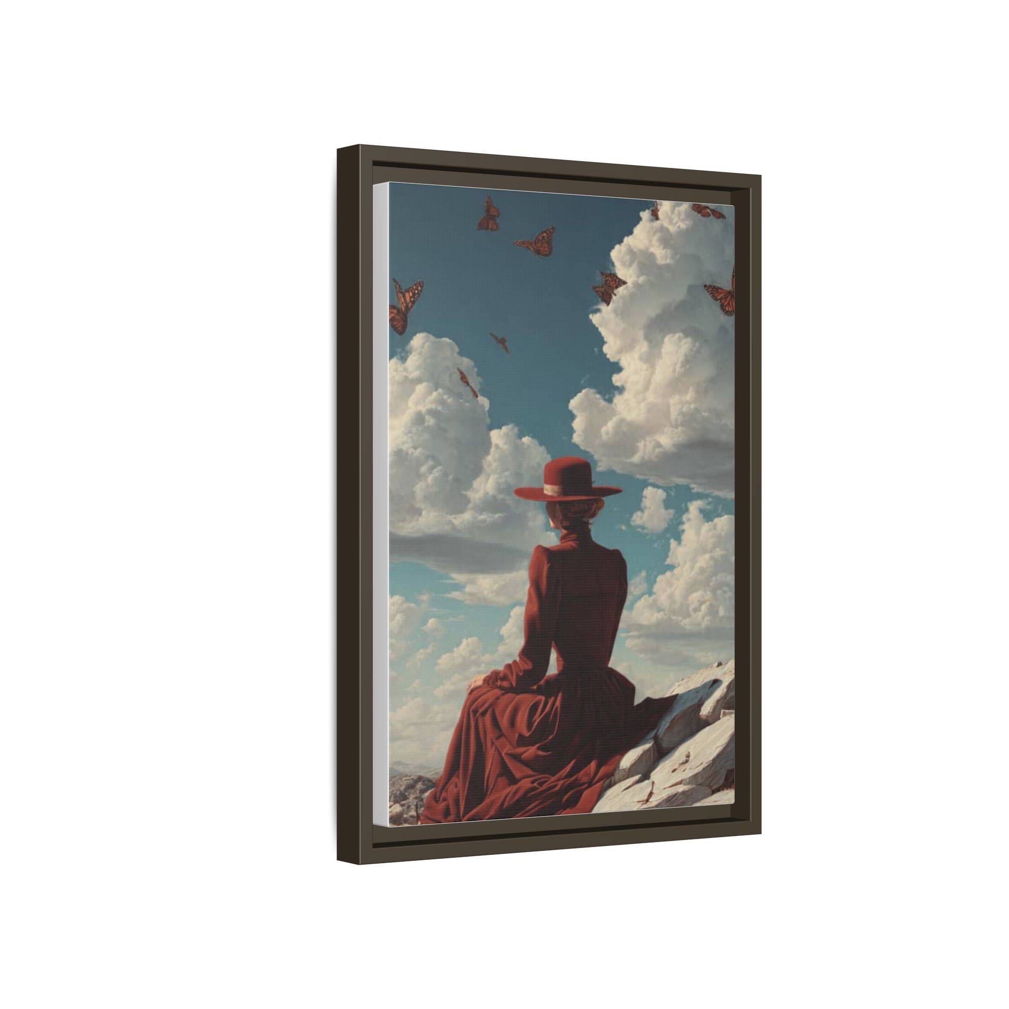Framed Matte Canvas: Woman in Red Dress Sunset Sky Wall Art - Image 130