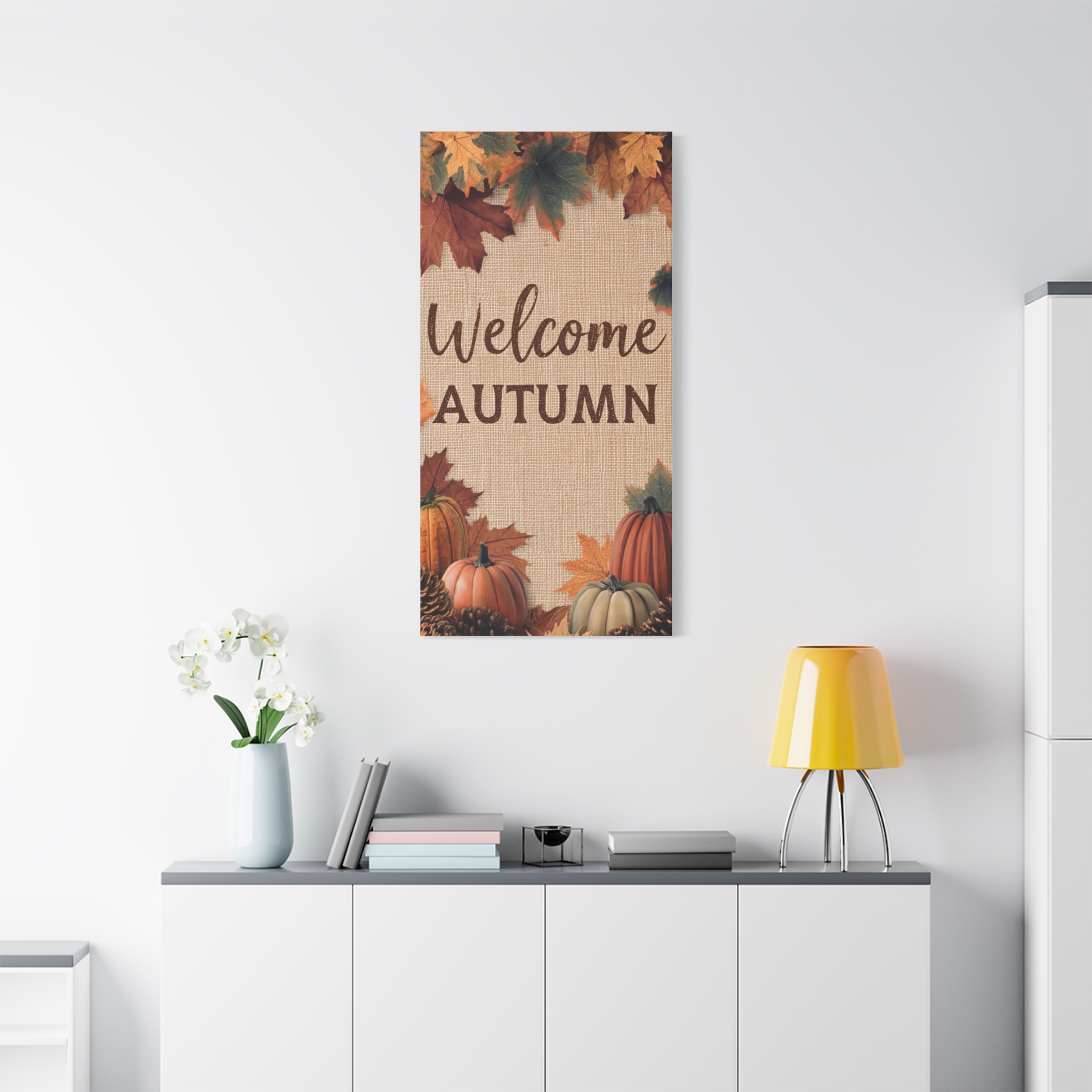 Welcome Autumn Canvas Wall Art — Fall Pumpkin & Leaves Home Decor