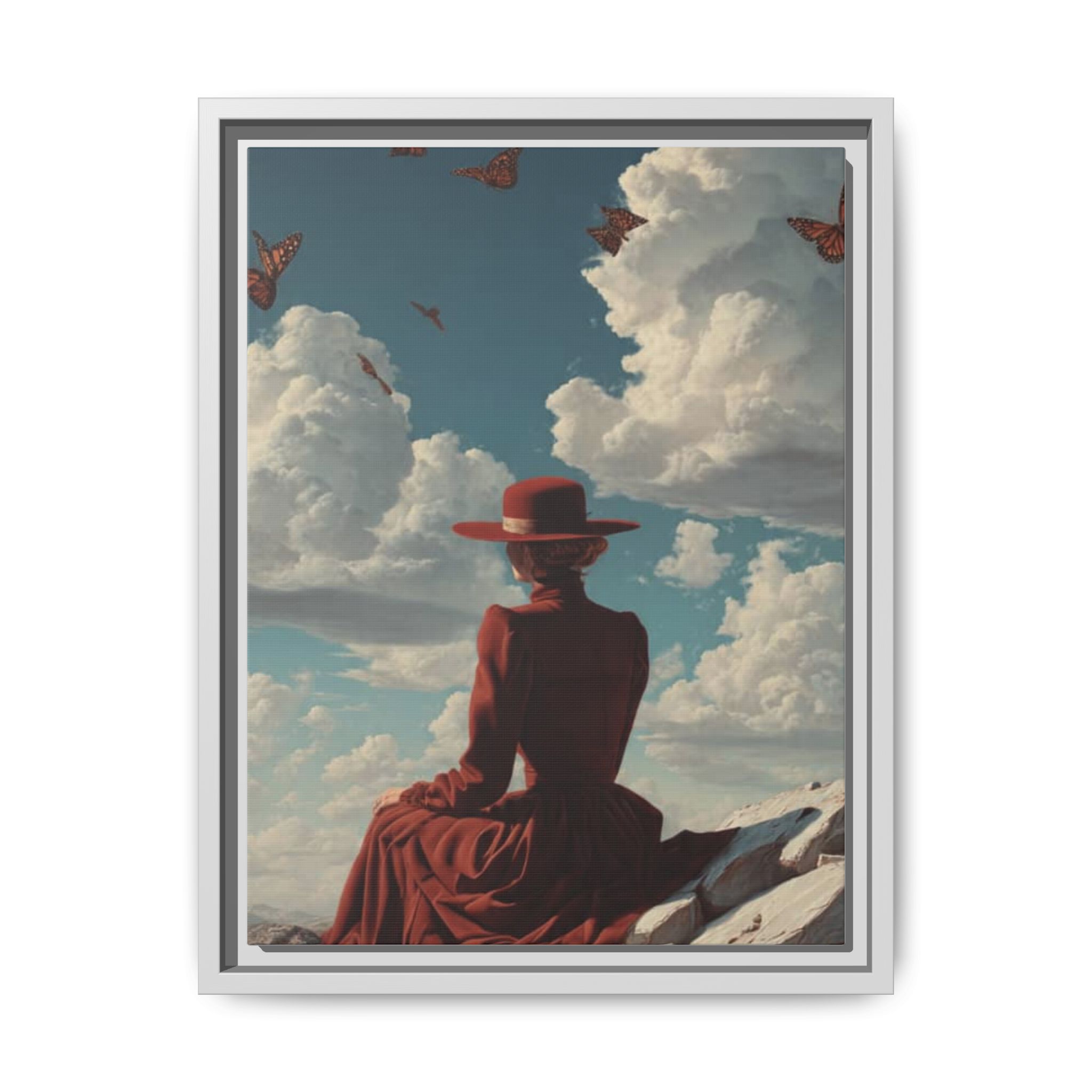 Framed Matte Canvas: Woman in Red Dress Sunset Sky Wall Art - Image 81