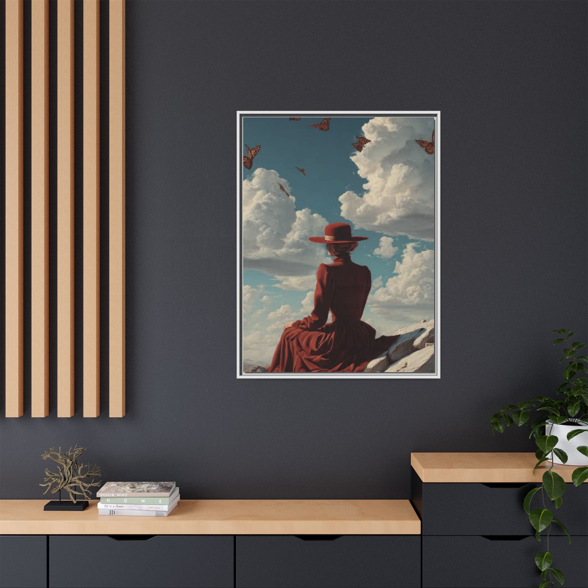 Framed Matte Canvas: Woman in Red Dress Sunset Sky Wall Art - Image 40