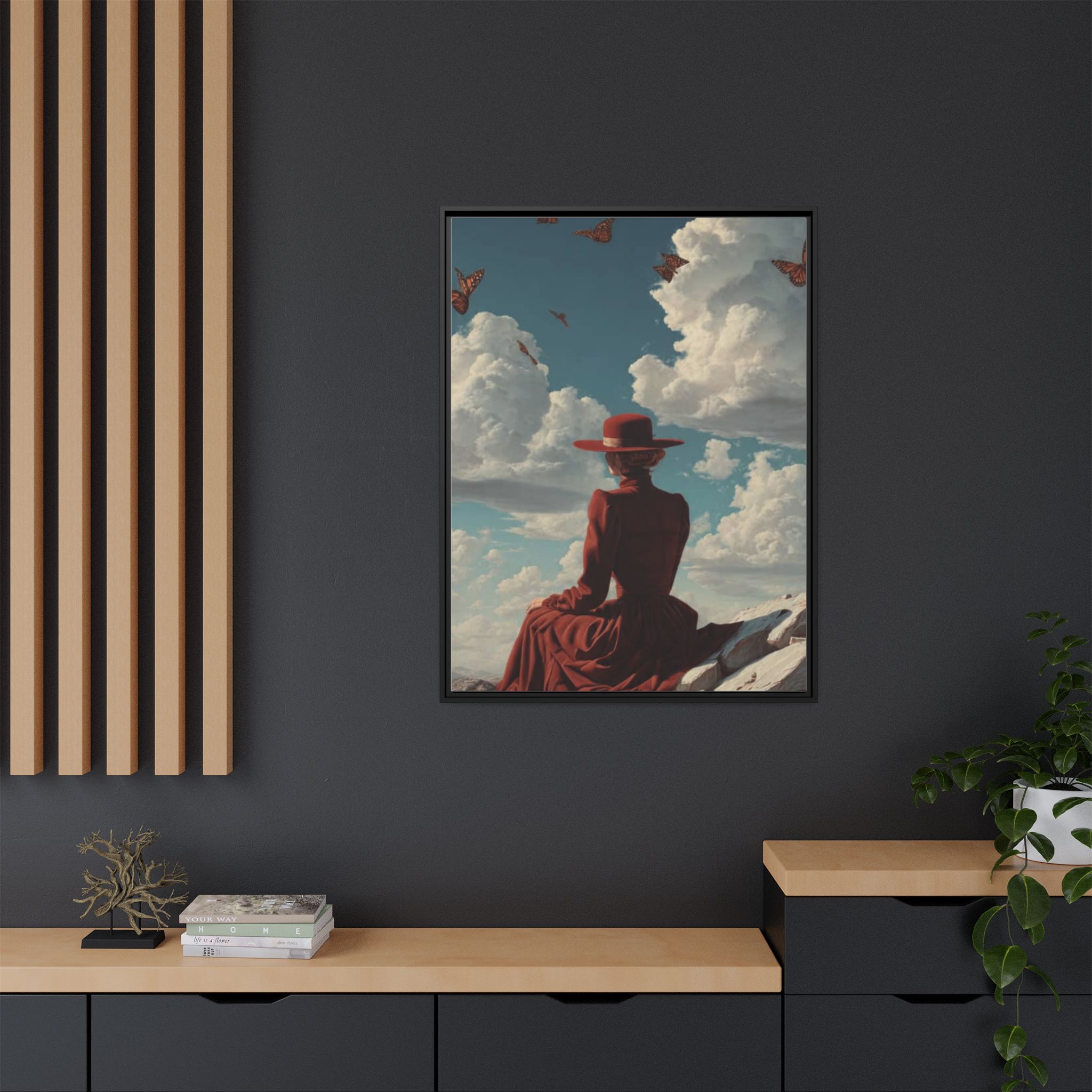 Framed Matte Canvas: Woman in Red Dress Sunset Sky Wall Art - Image 48