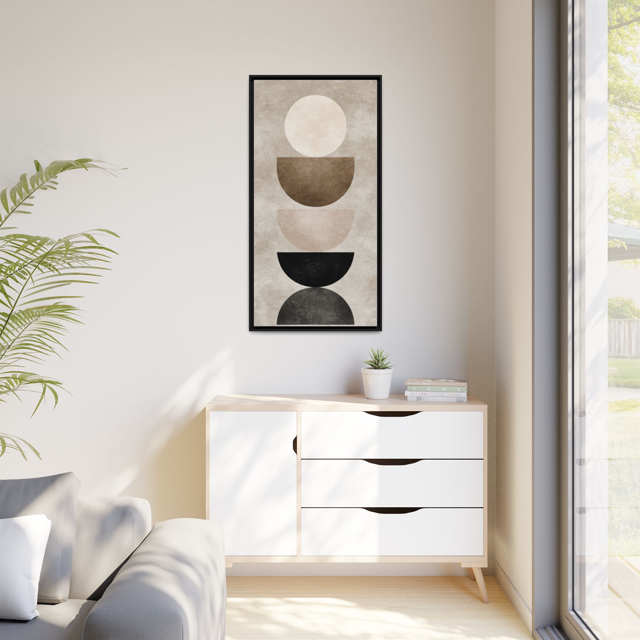 Abstract Neutral Geometric Canvas Print — Stacked Circles Framed Wall Art