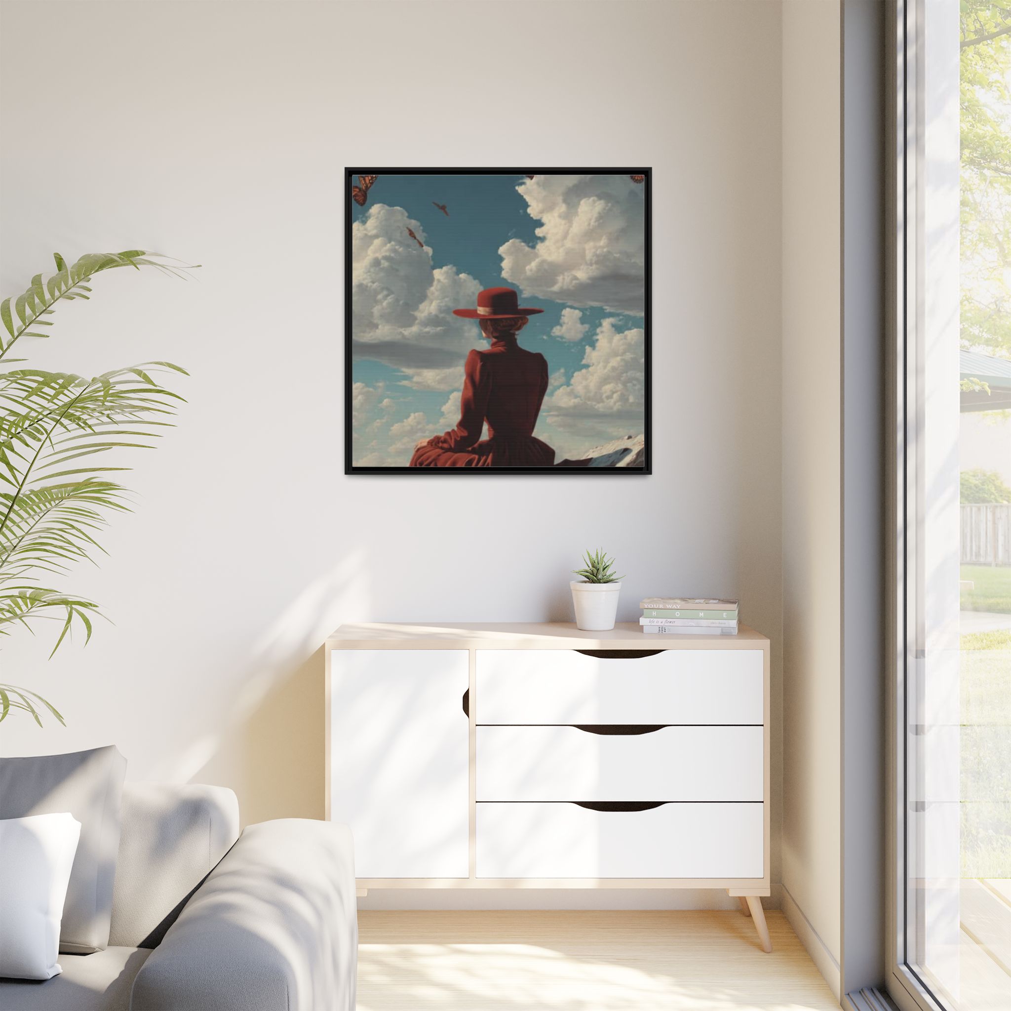 Framed Matte Canvas: Woman in Red Dress Sunset Sky Wall Art - Image 199