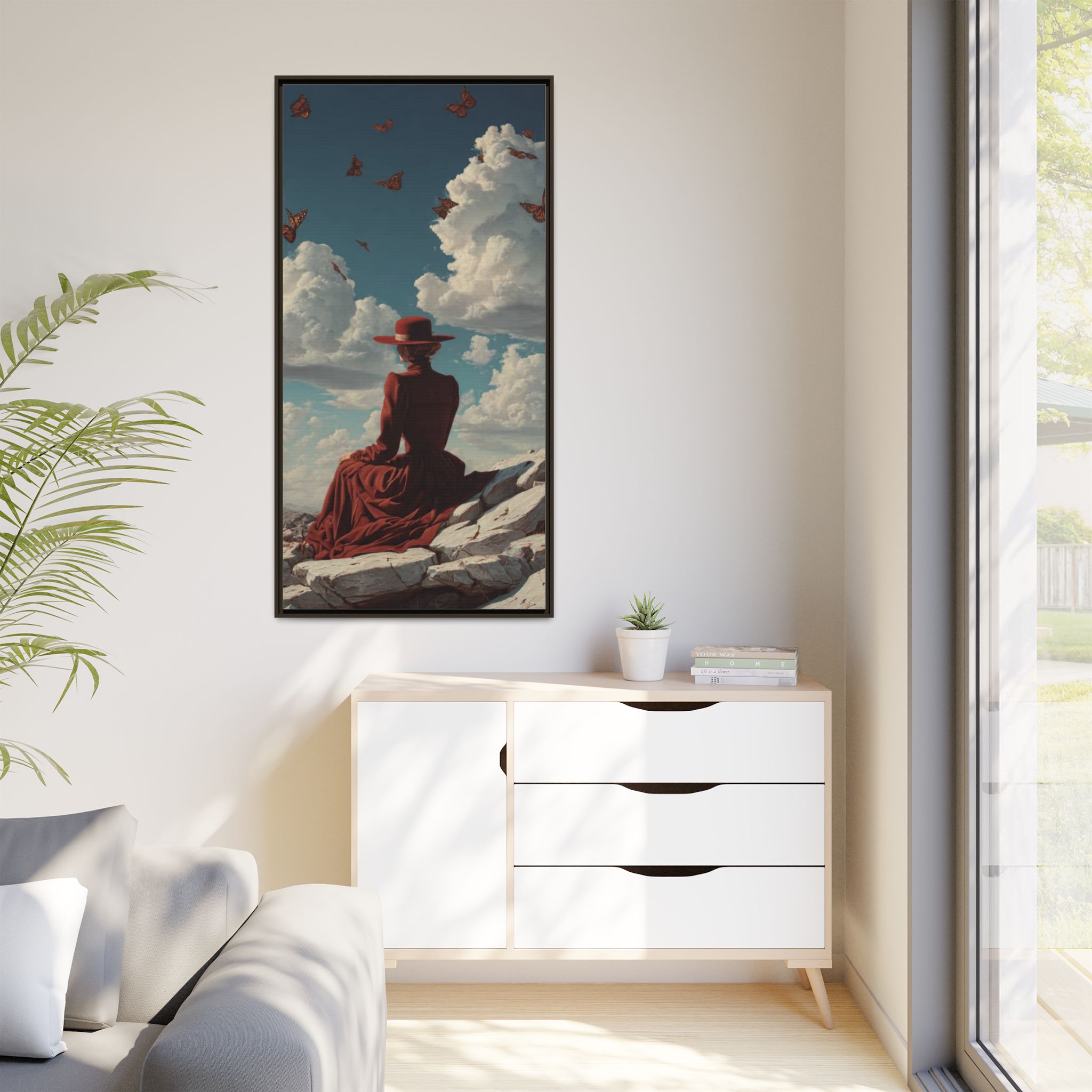 Framed Matte Canvas: Woman in Red Dress Sunset Sky Wall Art - Image 59