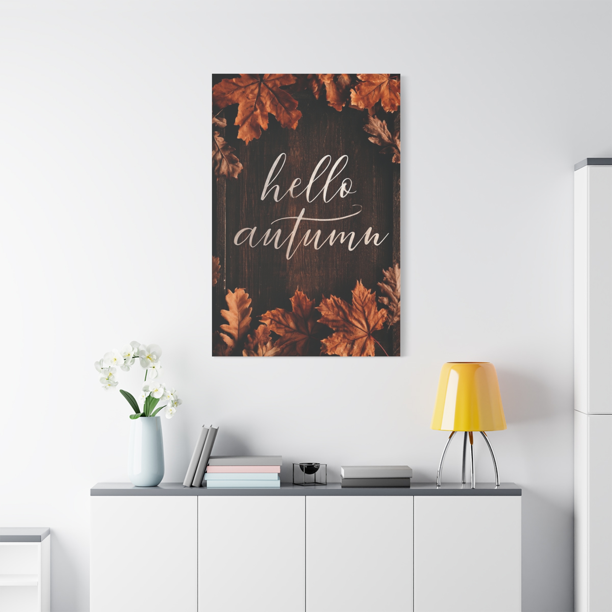 Hello Autumn Canvas Wall Art – Rustic Fall Leaves Stretched Matte Print - Image 2