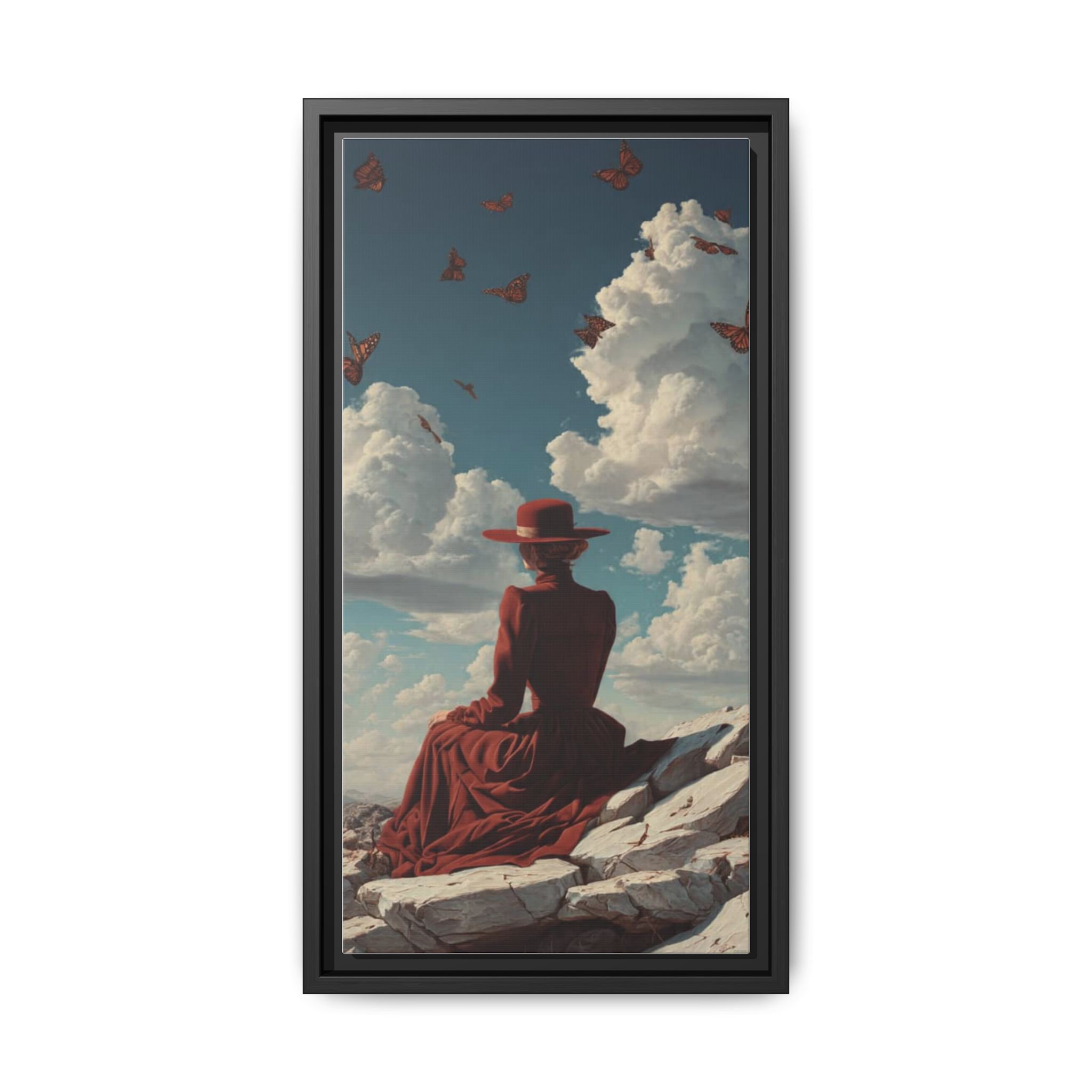 Framed Matte Canvas: Woman in Red Dress Sunset Sky Wall Art - Image 109