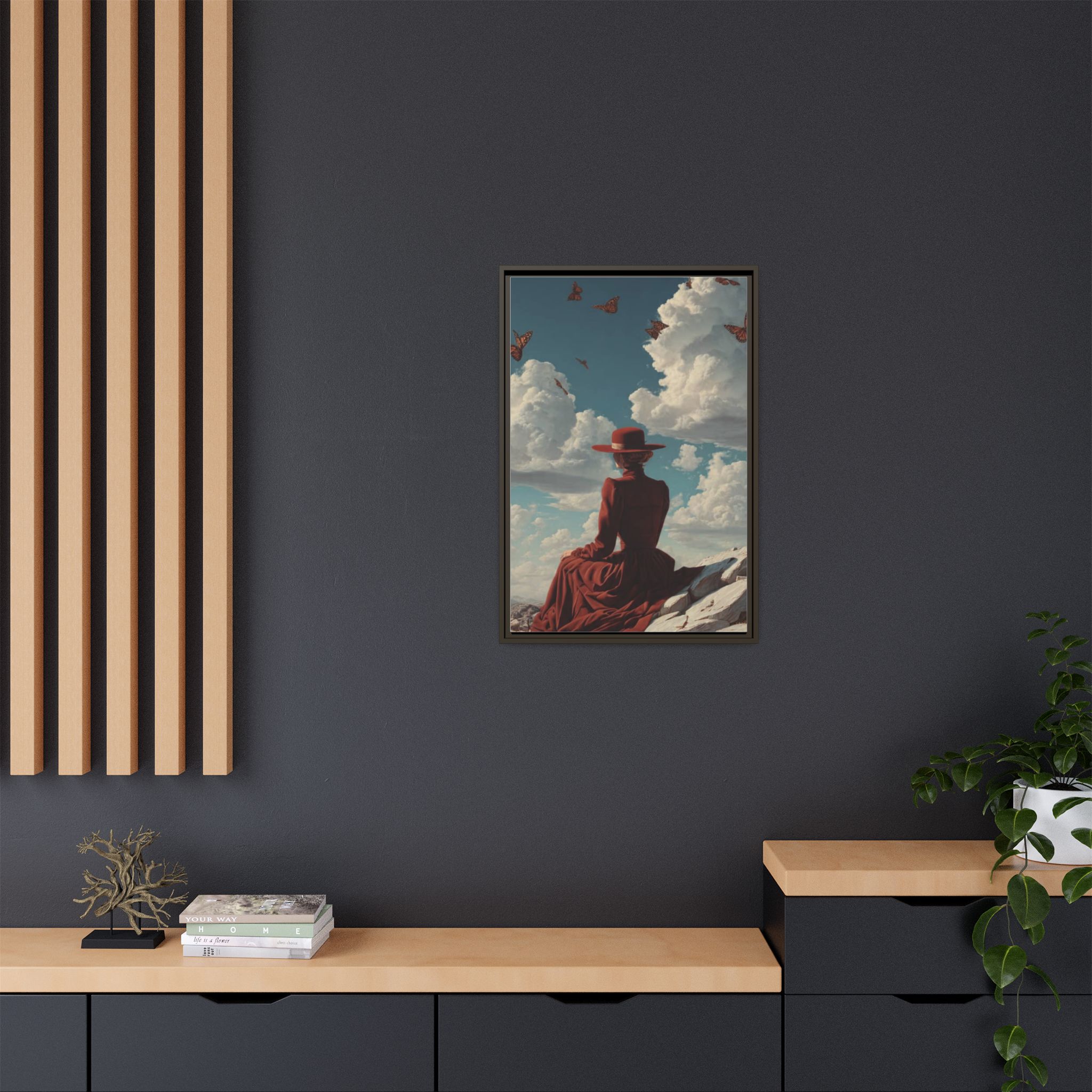 Framed Matte Canvas: Woman in Red Dress Sunset Sky Wall Art - Image 160