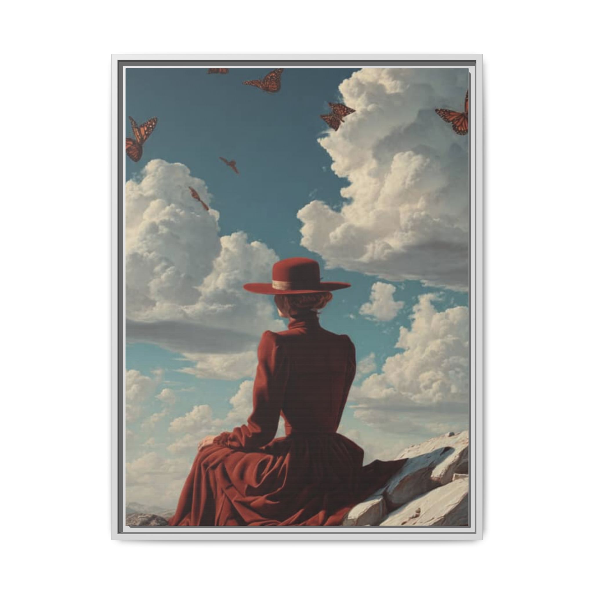 Framed Matte Canvas: Woman in Red Dress Sunset Sky Wall Art - Image 241