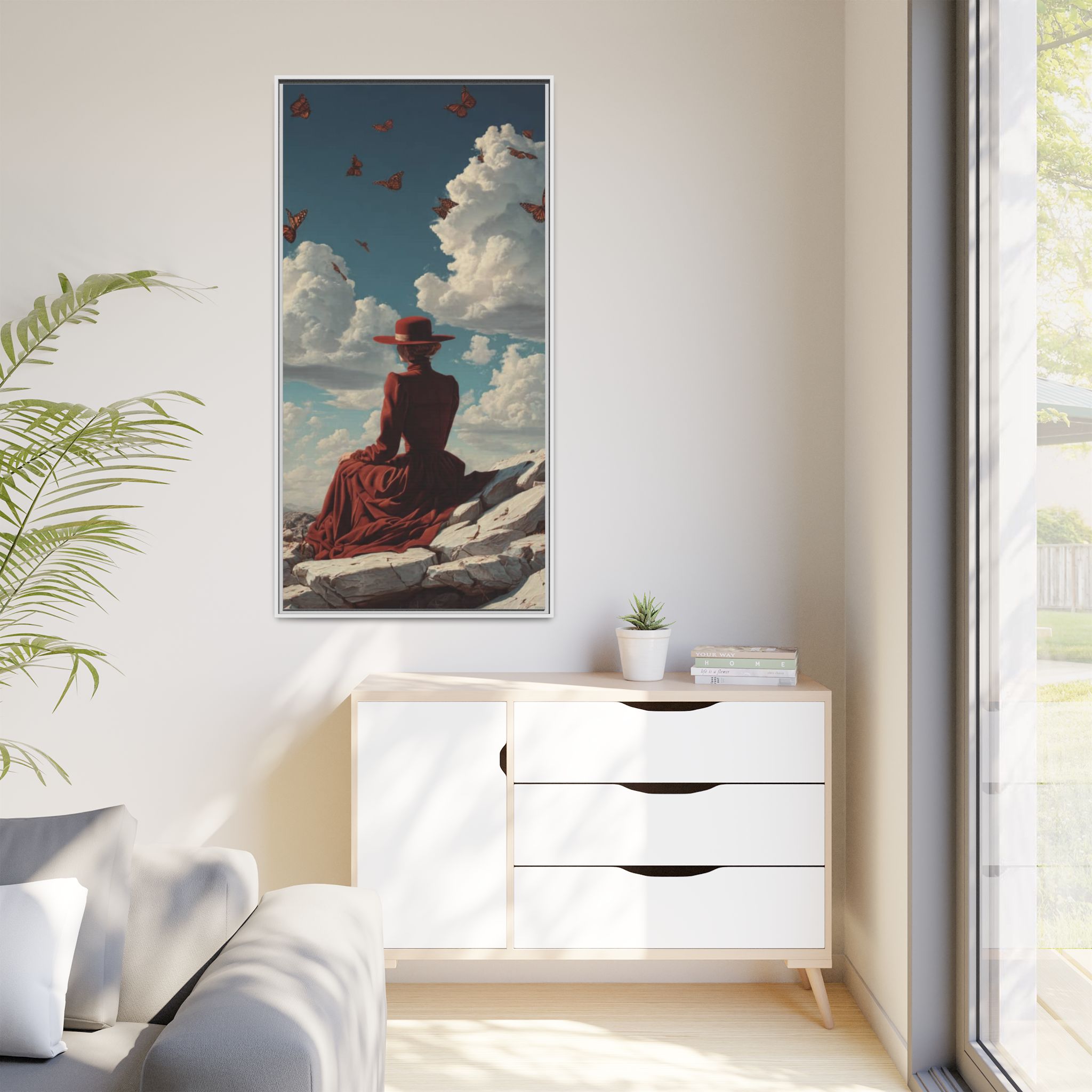 Framed Matte Canvas: Woman in Red Dress Sunset Sky Wall Art - Image 55