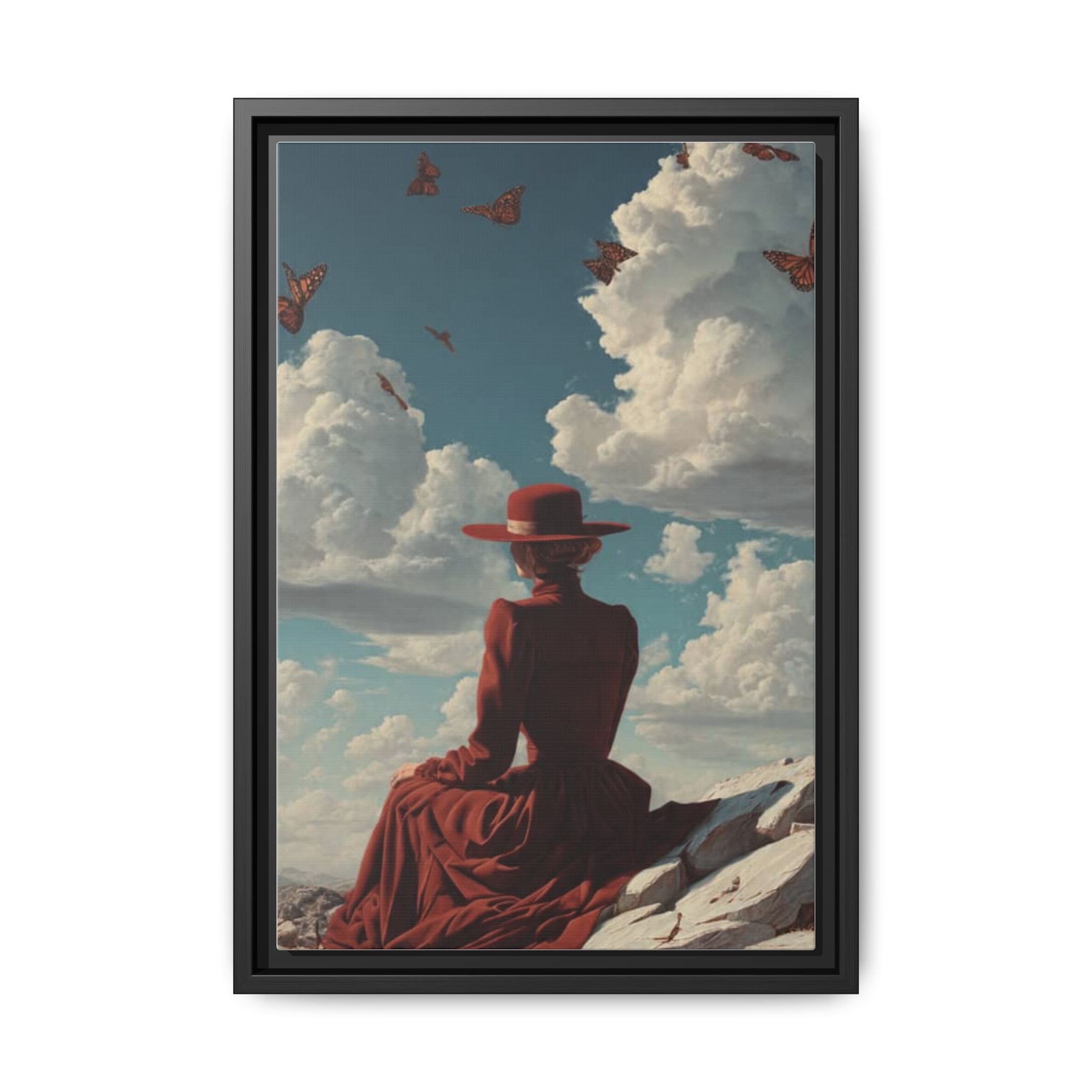Framed Matte Canvas: Woman in Red Dress Sunset Sky Wall Art - Image 141