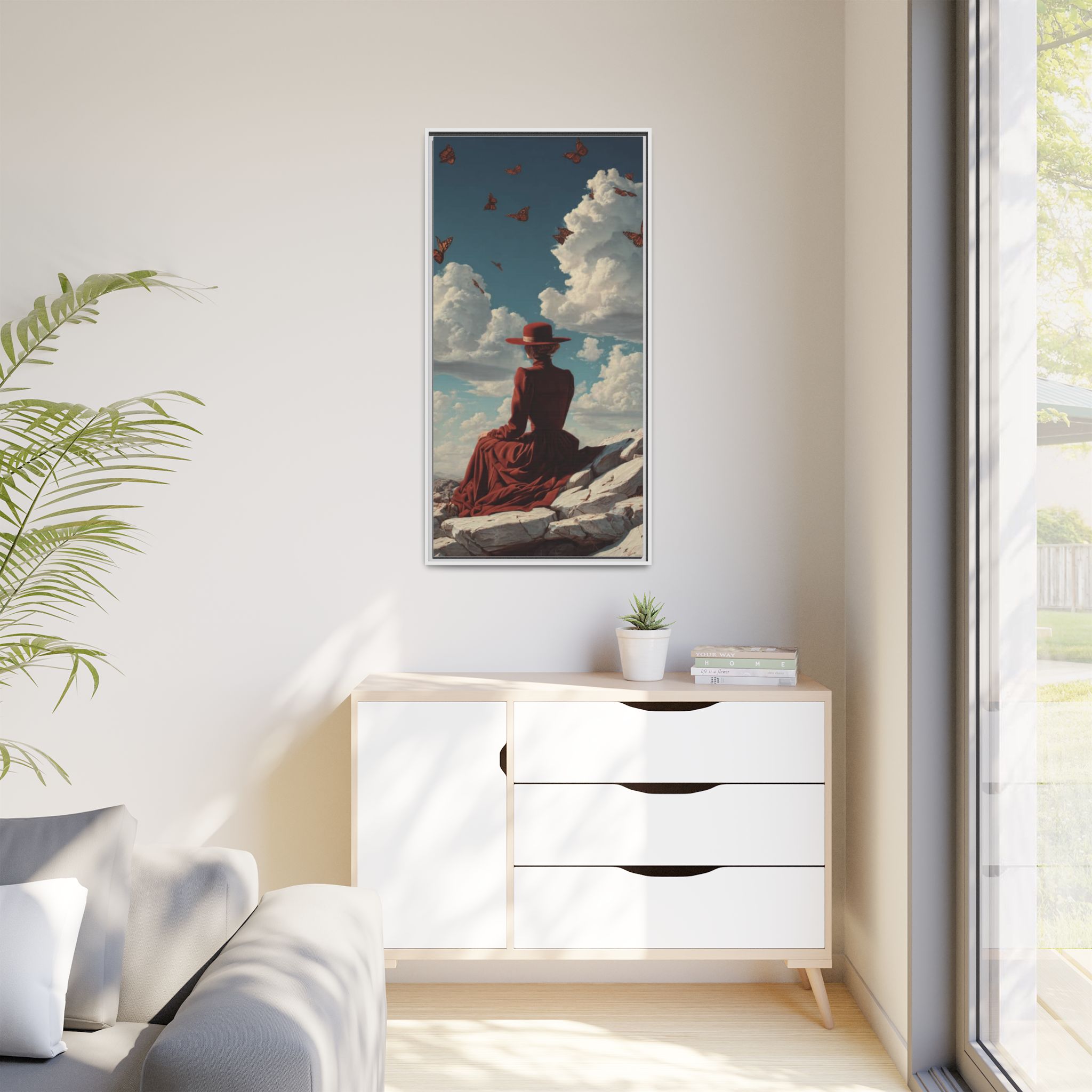 Framed Matte Canvas: Woman in Red Dress Sunset Sky Wall Art - Image 15