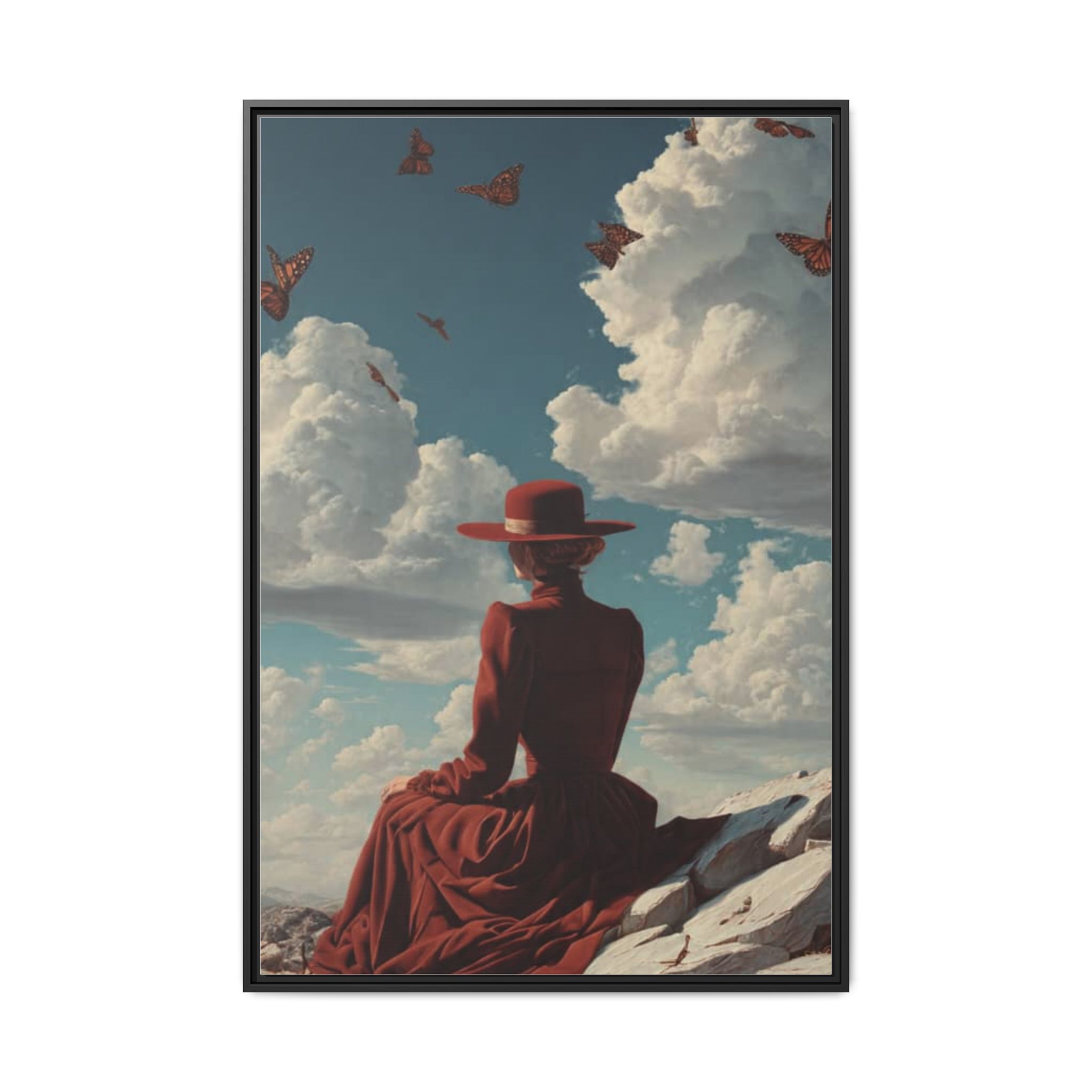 Framed Matte Canvas: Woman in Red Dress Sunset Sky Wall Art - Image 113