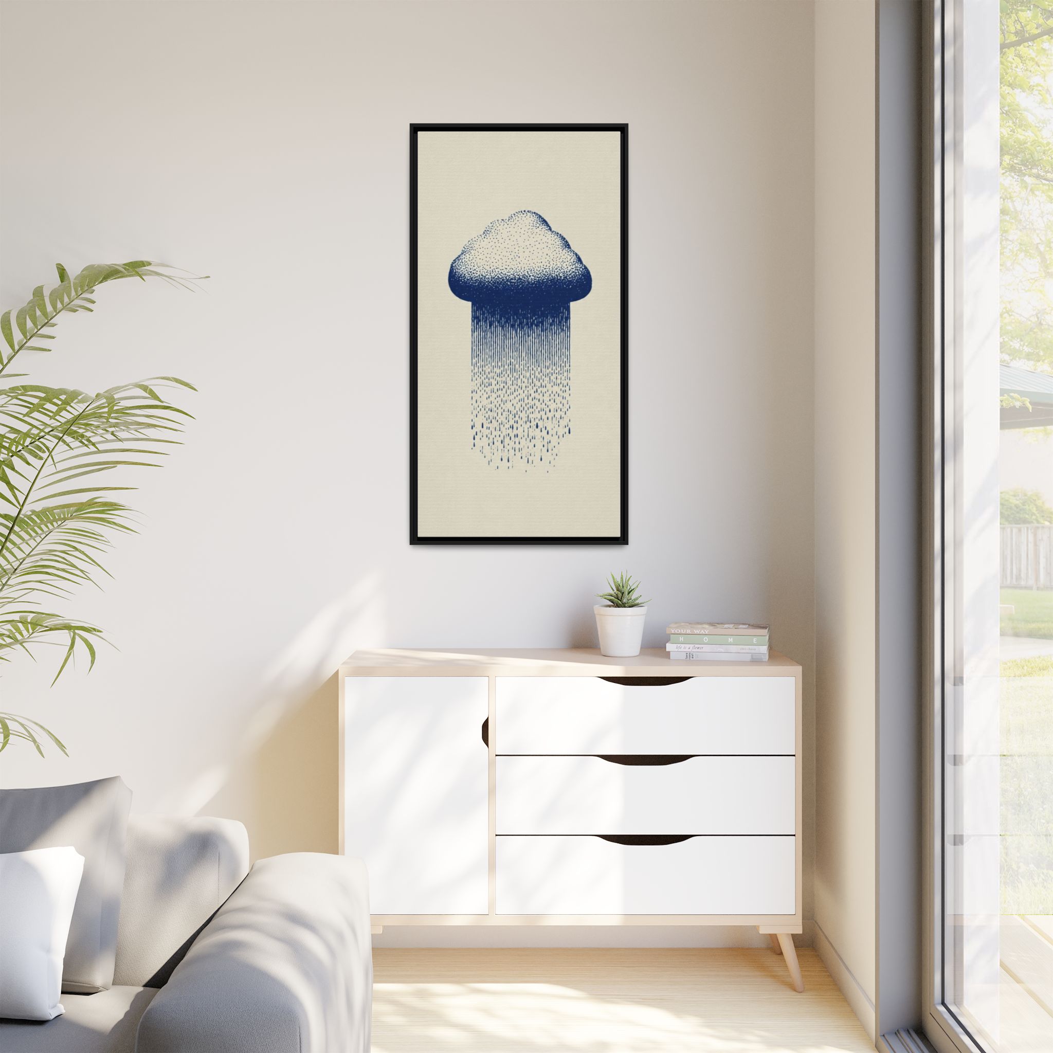 Framed Canvas Wall Art — Blue Rain Cloud Minimalist Print