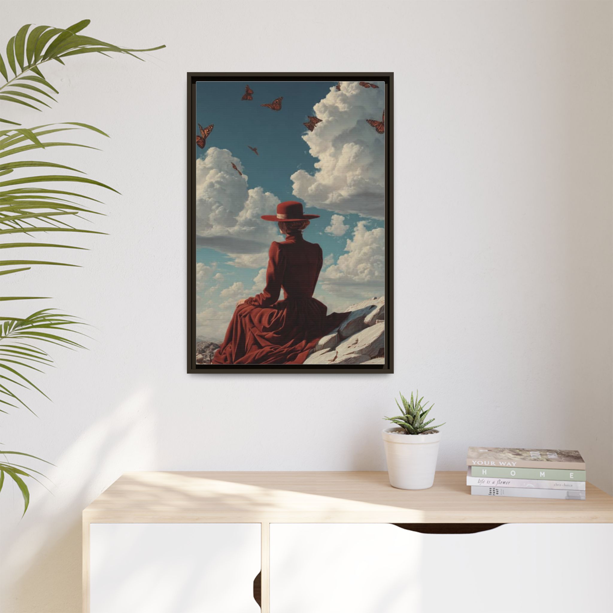 Framed Matte Canvas: Woman in Red Dress Sunset Sky Wall Art - Image 159