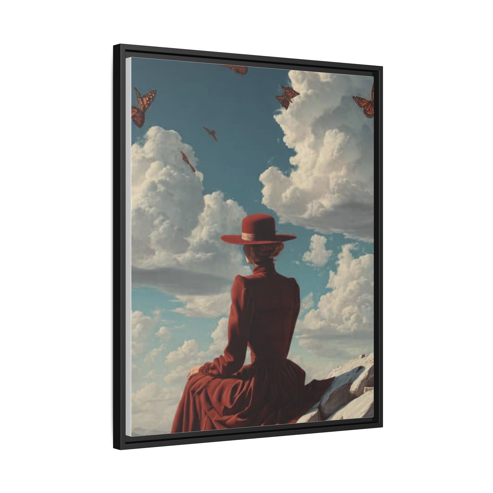 Framed Matte Canvas: Woman in Red Dress Sunset Sky Wall Art - Image 226