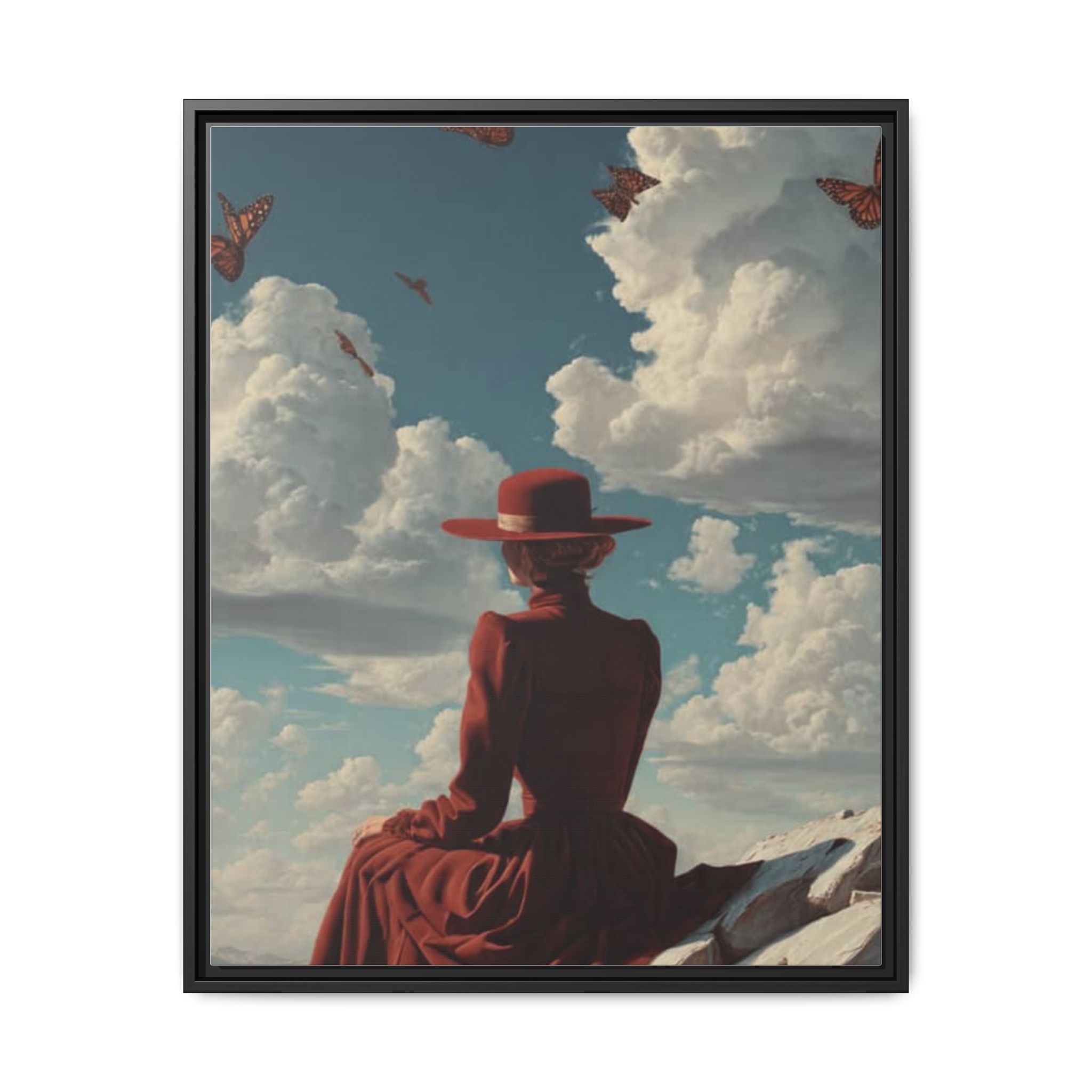 Framed Matte Canvas: Woman in Red Dress Sunset Sky Wall Art - Image 225