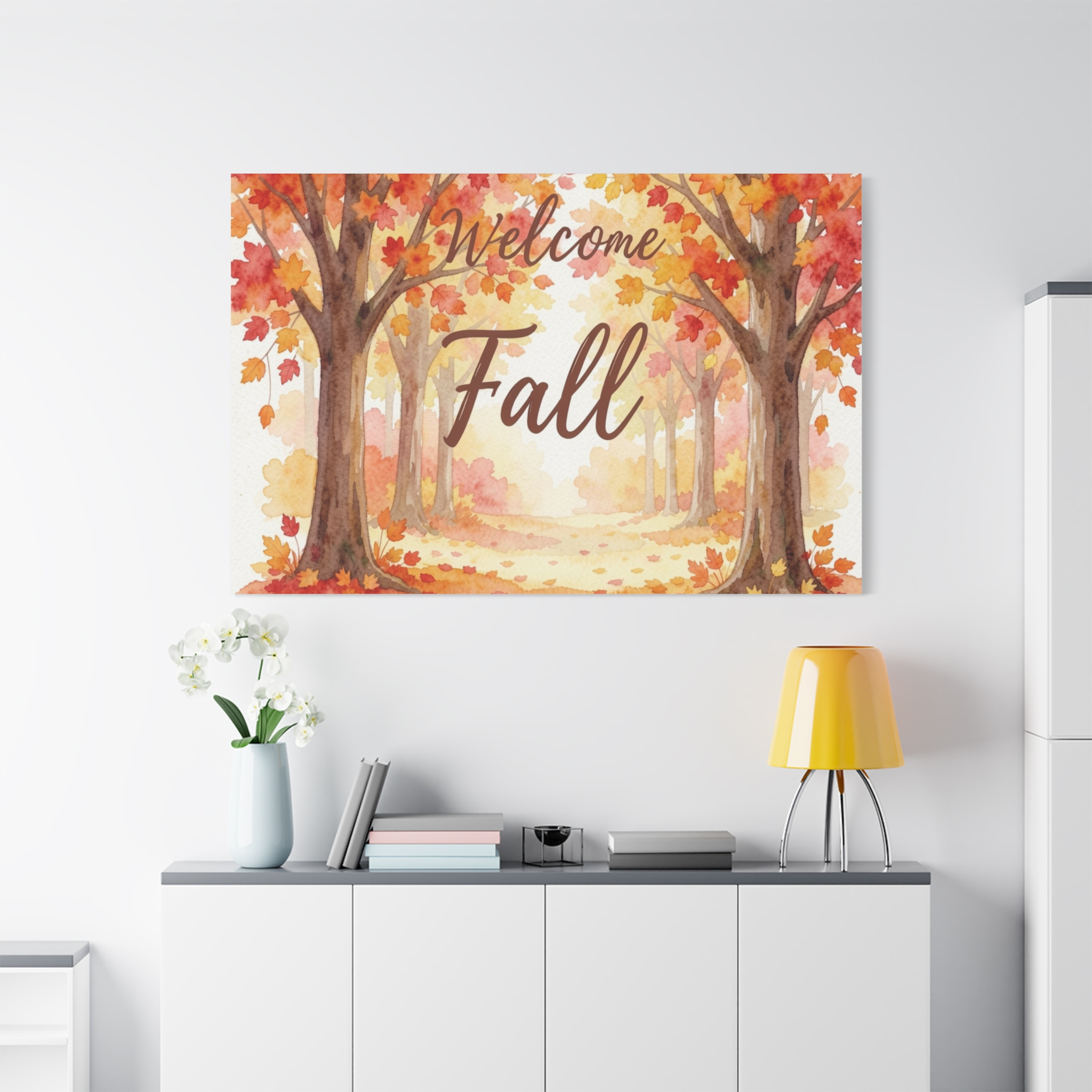 Welcome Fall Canvas Wall Art - Autumn Trees Watercolor Stretched Matte Canvas - Image 2