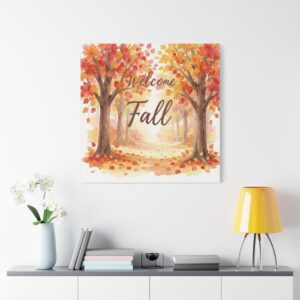 Welcome Fall Canvas Wall Art - Autumn Trees Watercolor Stretched Matte Canvas