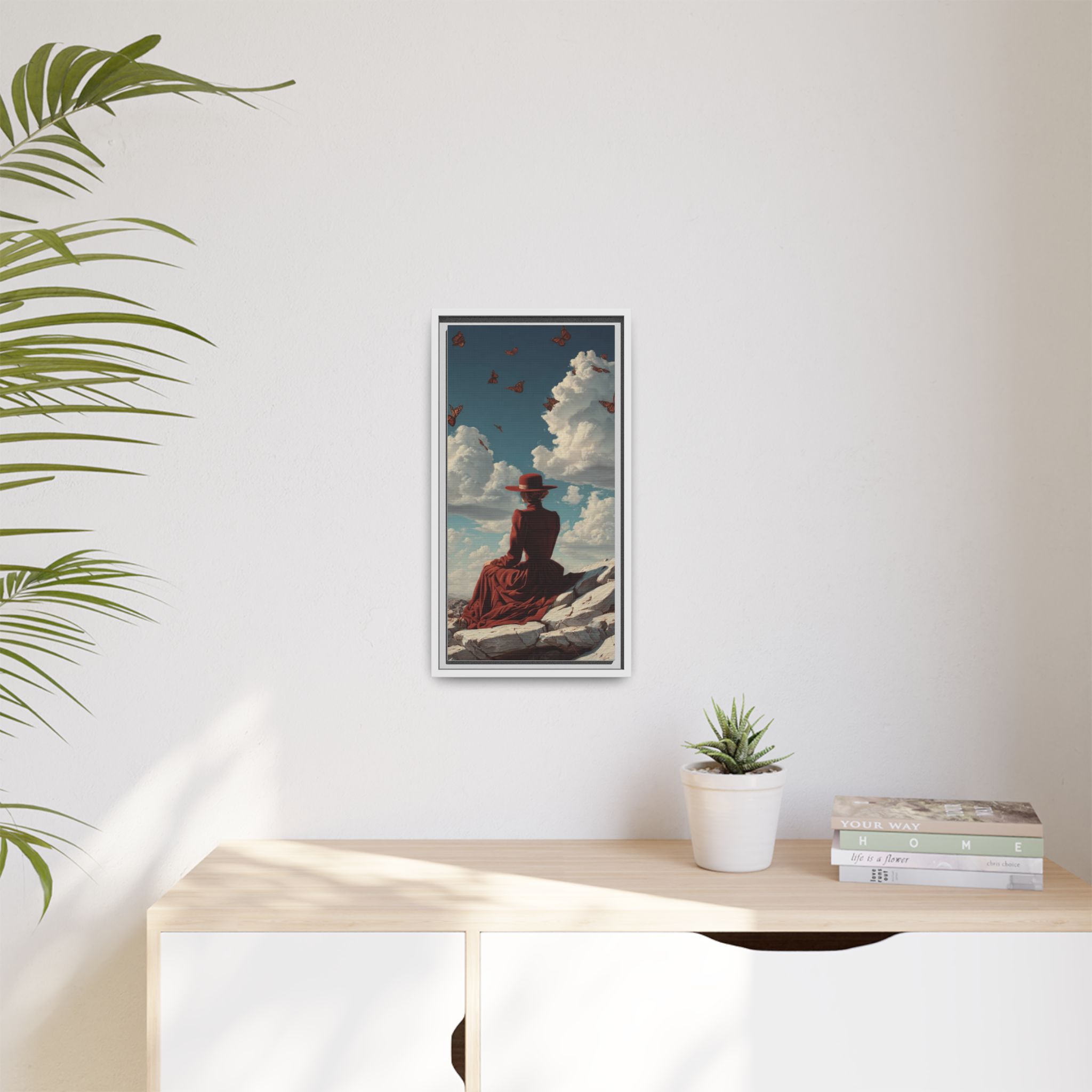 Framed Matte Canvas: Woman in Red Dress Sunset Sky Wall Art - Image 99