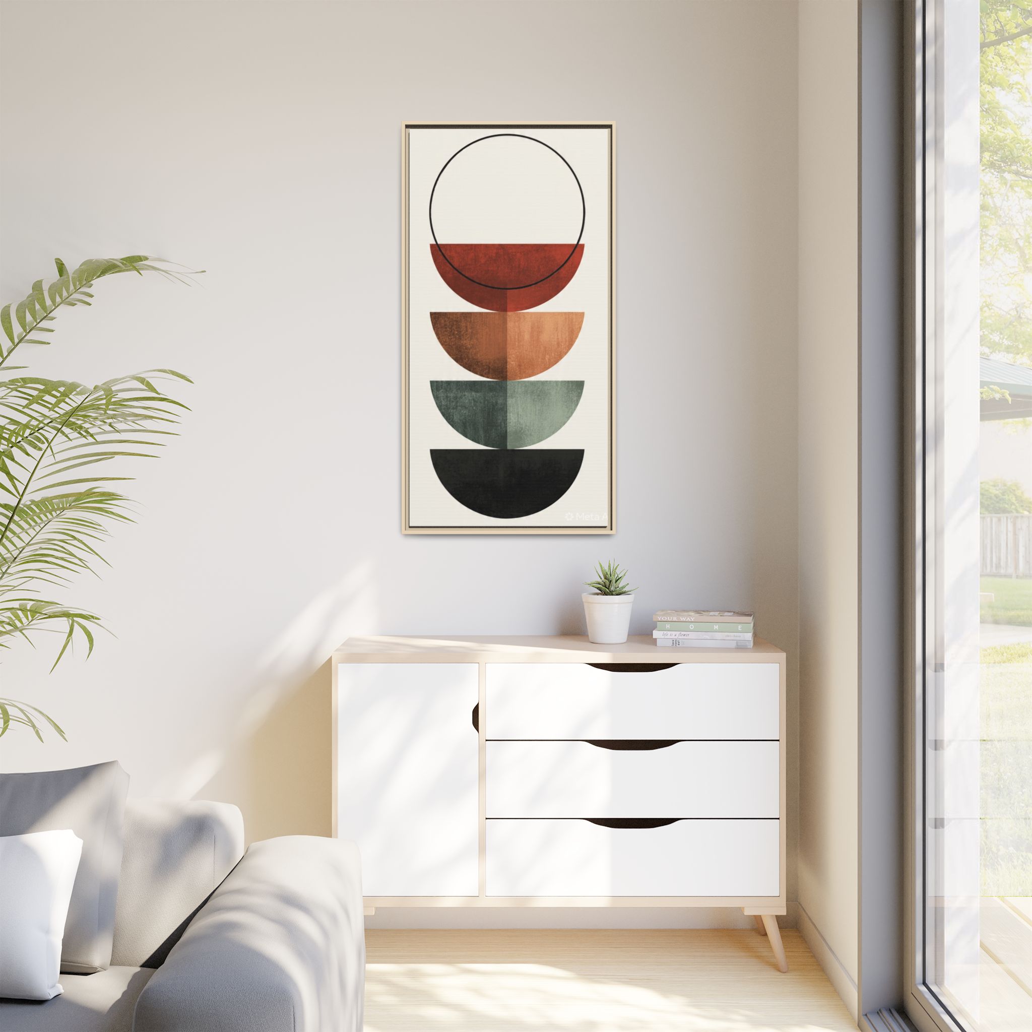 Abstract Stacked Semi-Circles Framed Canvas Wall Art — Mid-Century Modern Geometric Print
