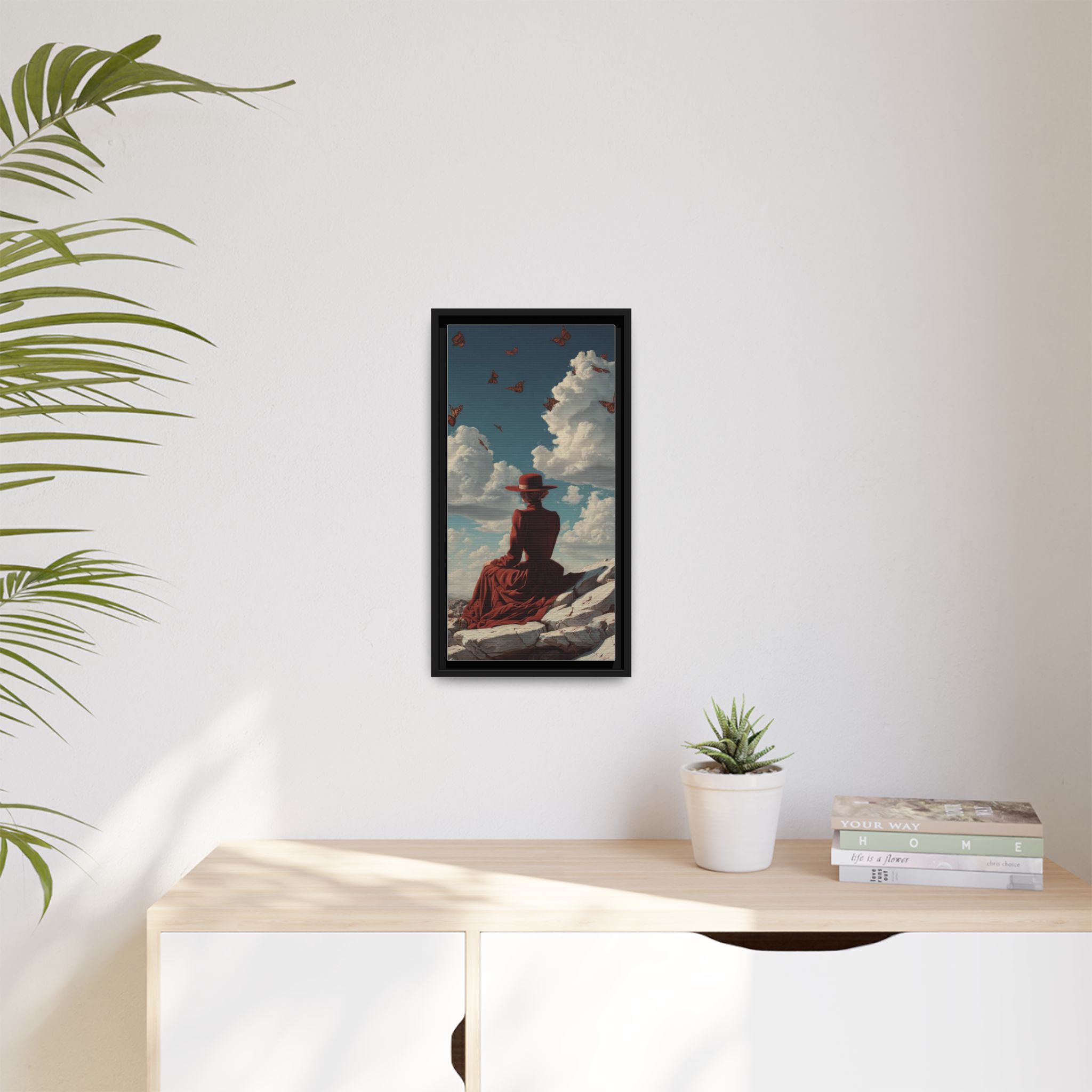 Framed Matte Canvas: Woman in Red Dress Sunset Sky Wall Art - Image 111