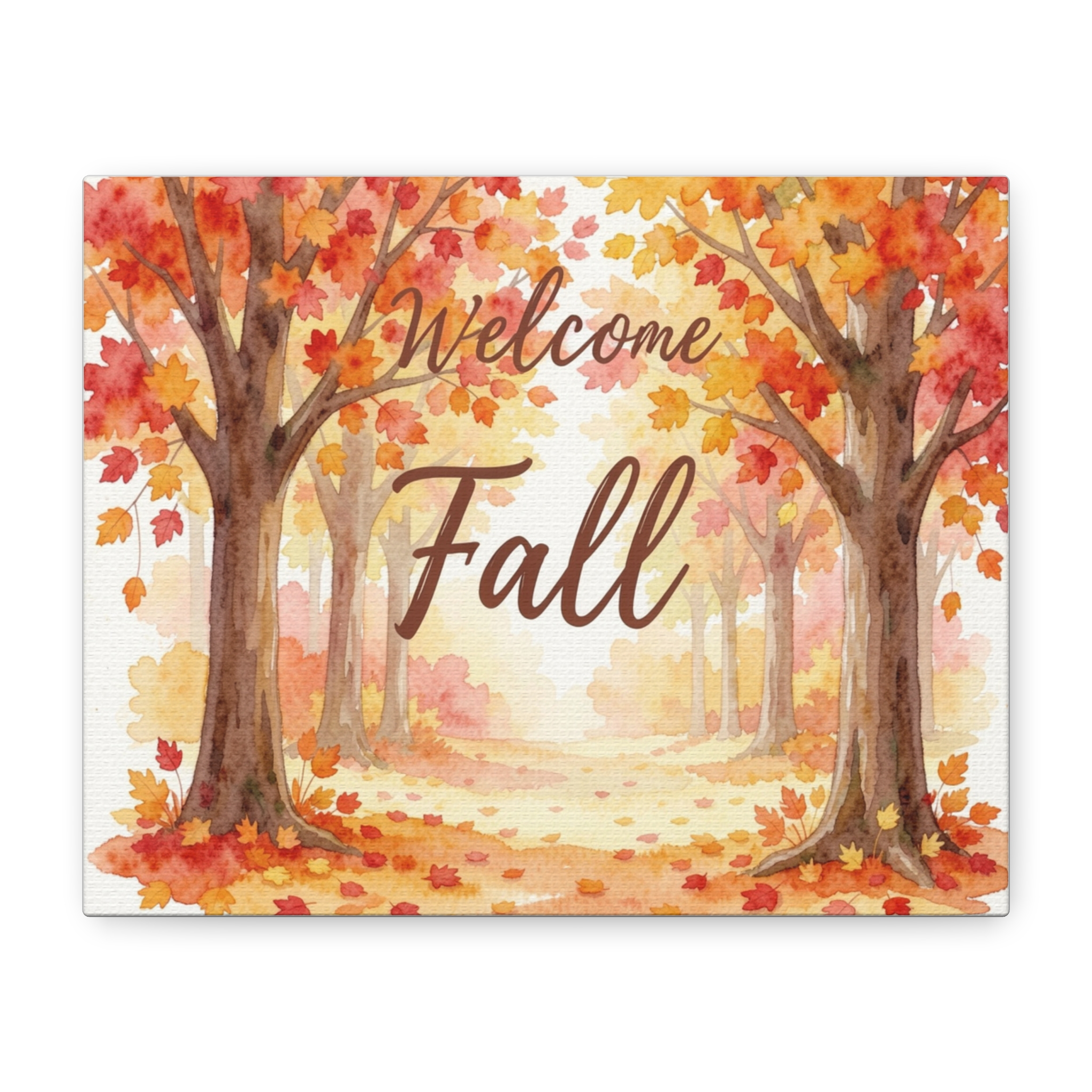 Welcome Fall Canvas Wall Art - Autumn Trees Watercolor Stretched Matte Canvas - Image 4