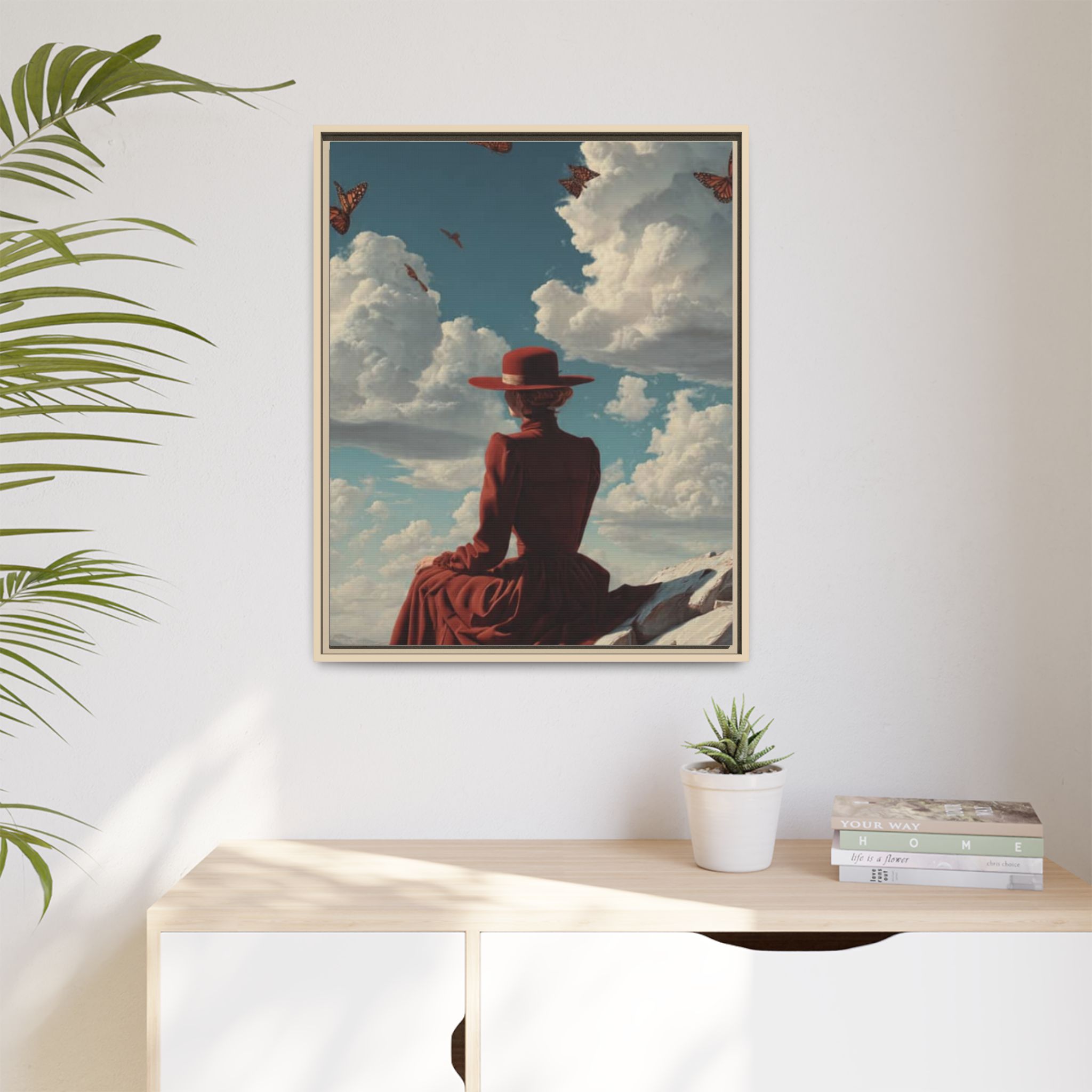 Framed Matte Canvas: Woman in Red Dress Sunset Sky Wall Art - Image 231
