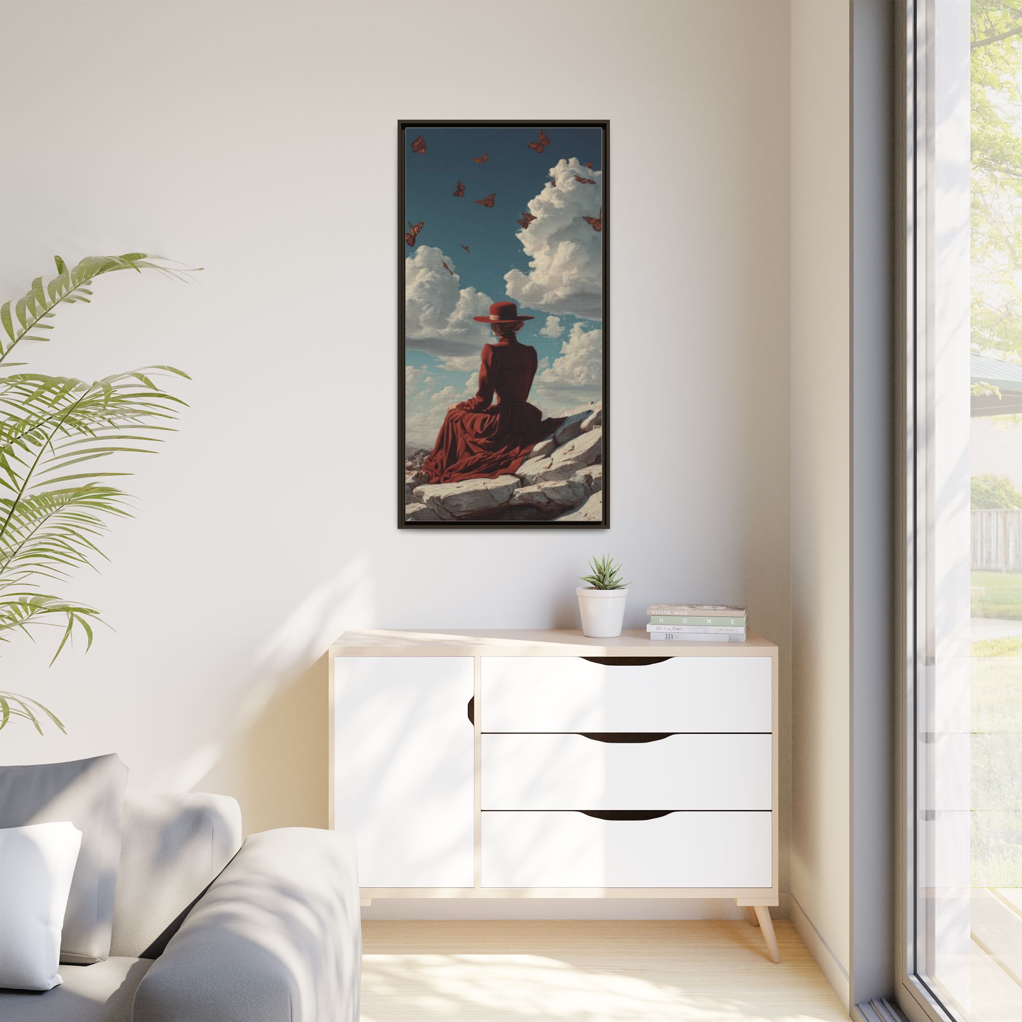 Framed Matte Canvas: Woman in Red Dress Sunset Sky Wall Art - Image 11