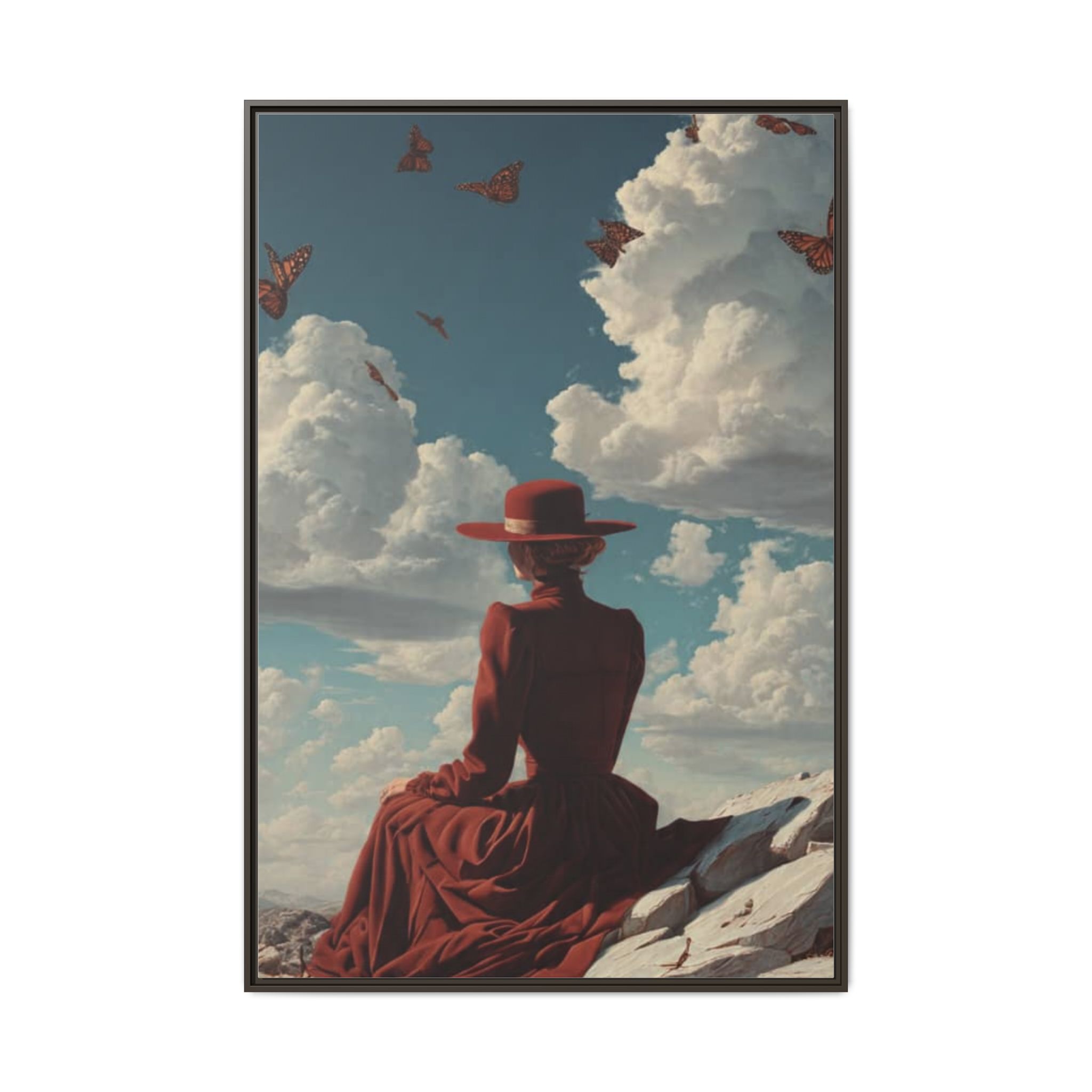 Framed Matte Canvas: Woman in Red Dress Sunset Sky Wall Art - Image 65