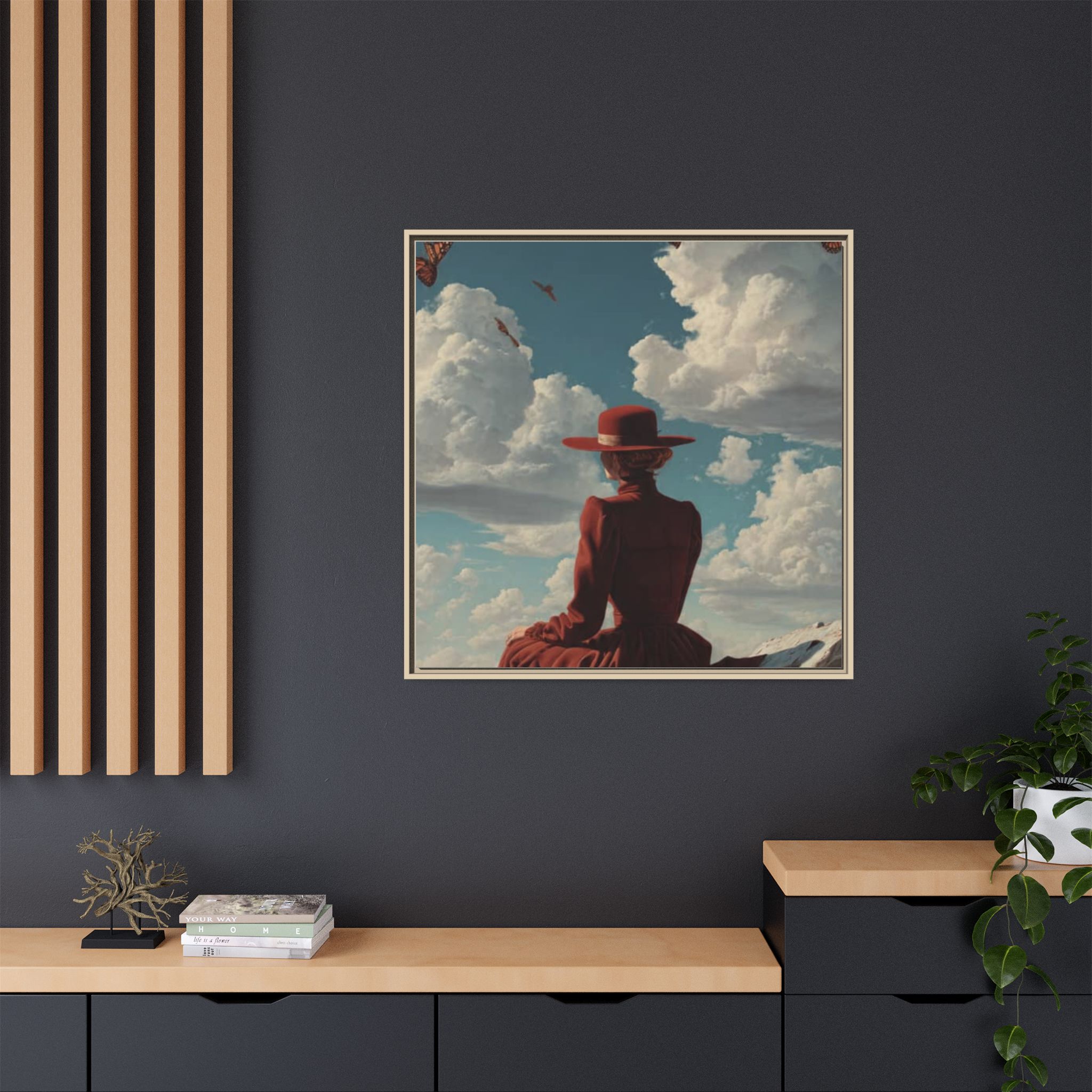 Framed Matte Canvas: Woman in Red Dress Sunset Sky Wall Art - Image 204