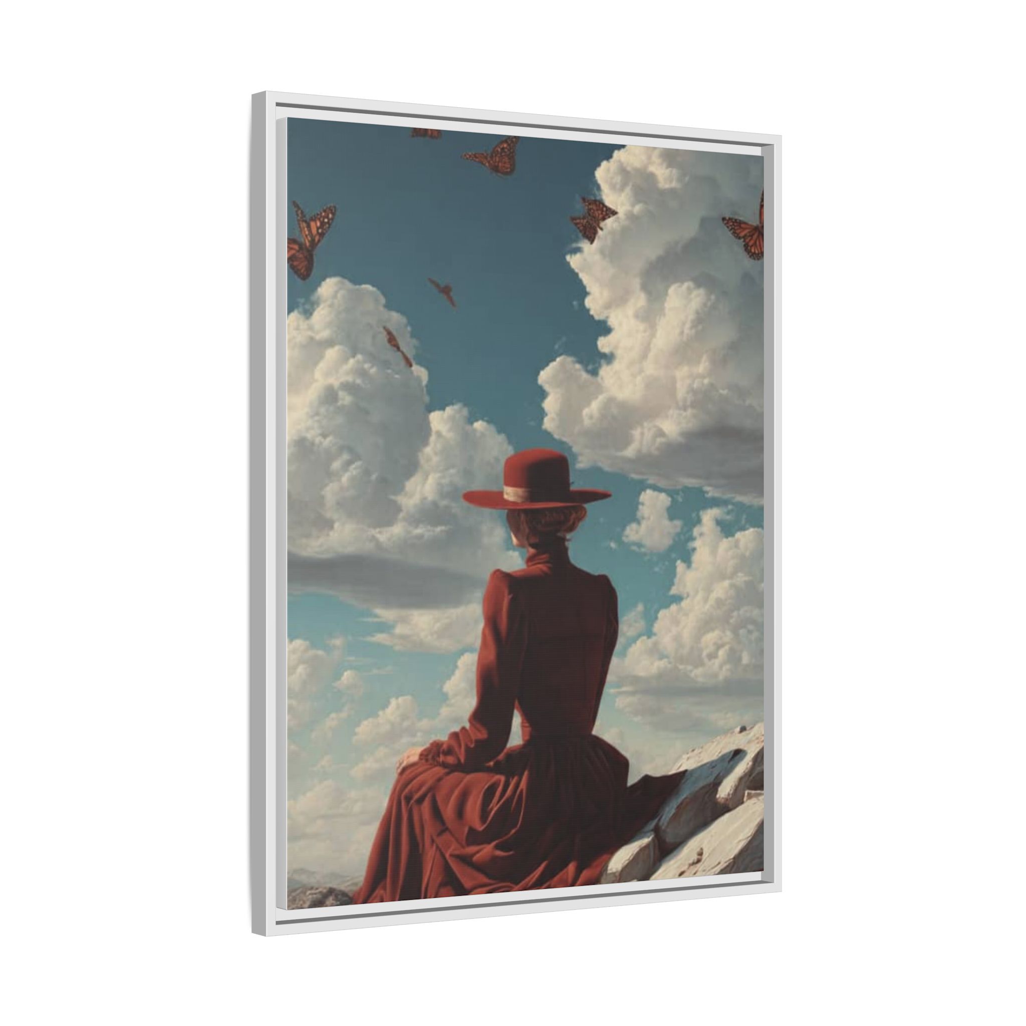 Framed Matte Canvas: Woman in Red Dress Sunset Sky Wall Art - Image 242